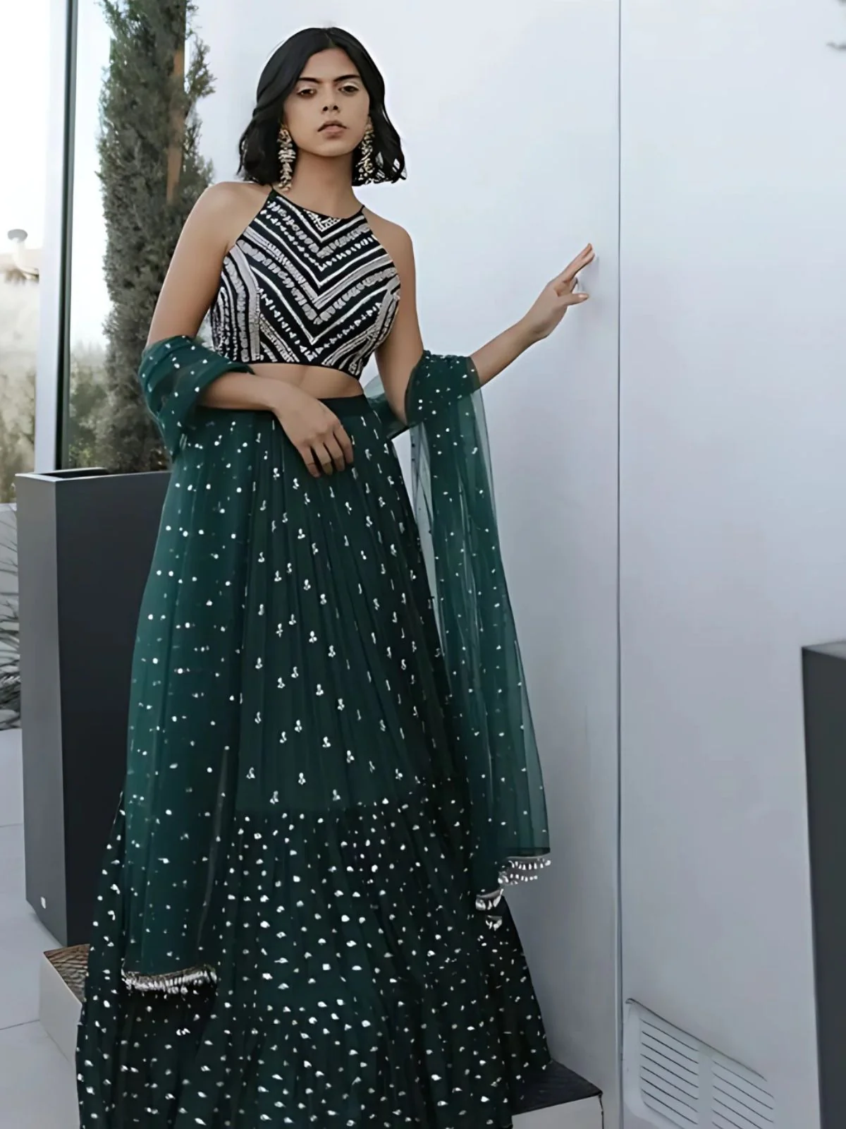 Odette Dark Green Georgette Embroidered Semi-Stitched lehenga For Women