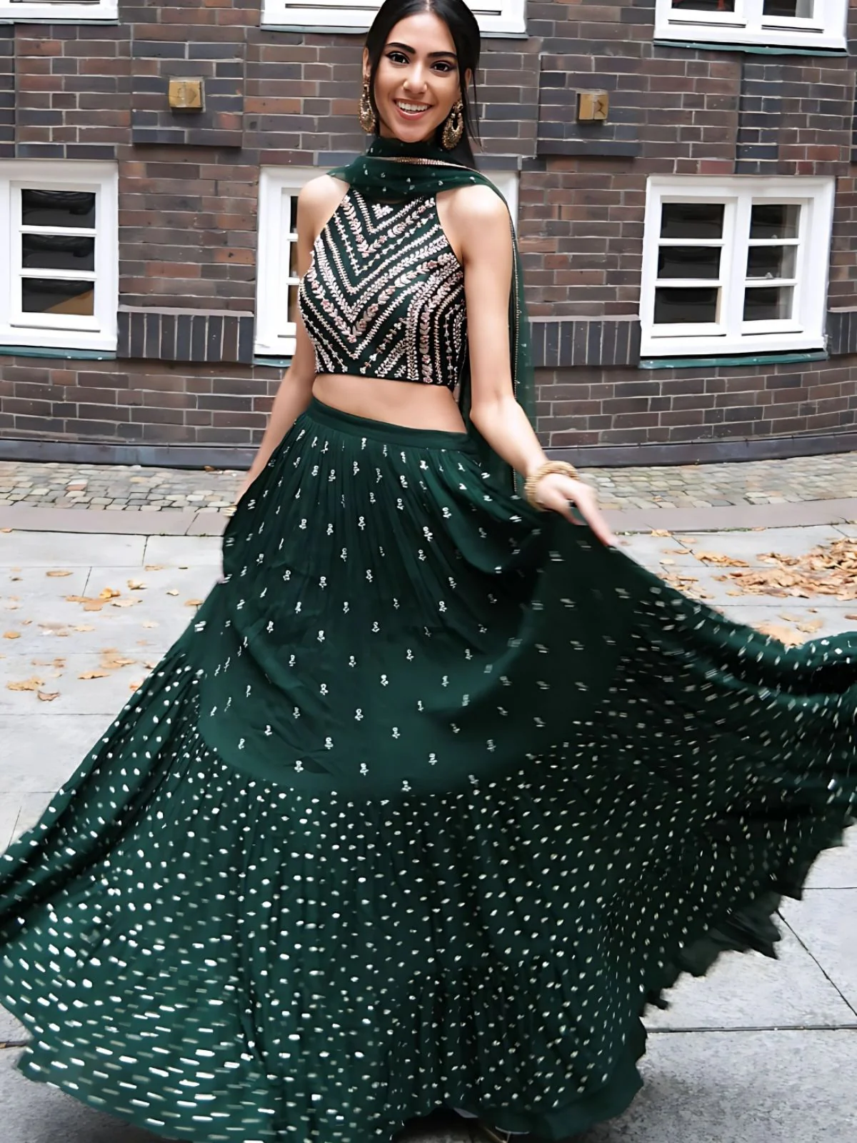 Odette Dark Green Georgette Embroidered Semi-Stitched lehenga For Women - Image 2