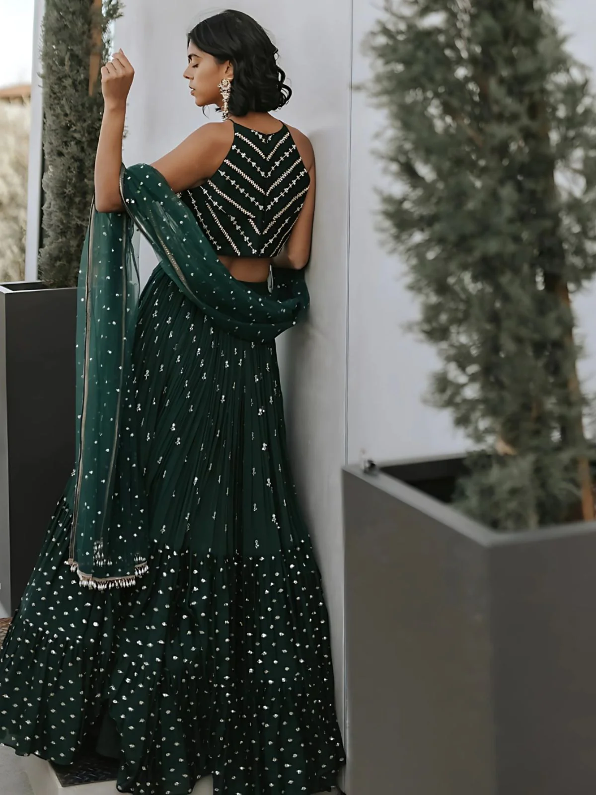 Odette Dark Green Georgette Embroidered Semi-Stitched lehenga For Women - Image 3