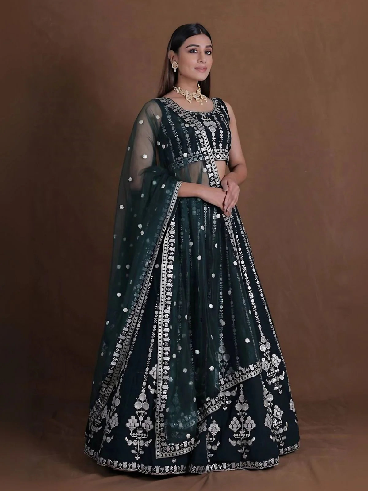 Odette Dark Green Georgette Embroidered Semi-Stitched Lehenga For Women