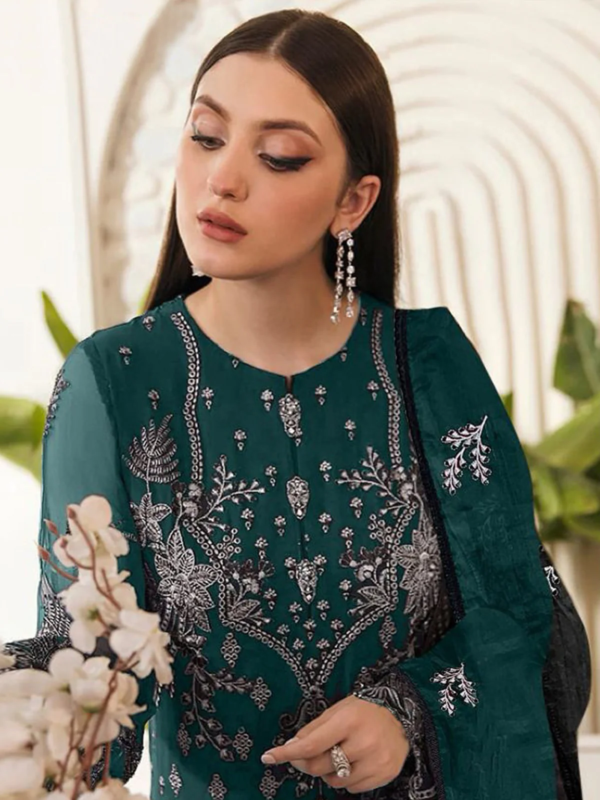 Odette Dark Green Georgette Embroidered Semi Stitched Salwar Suit For Women - Image 2