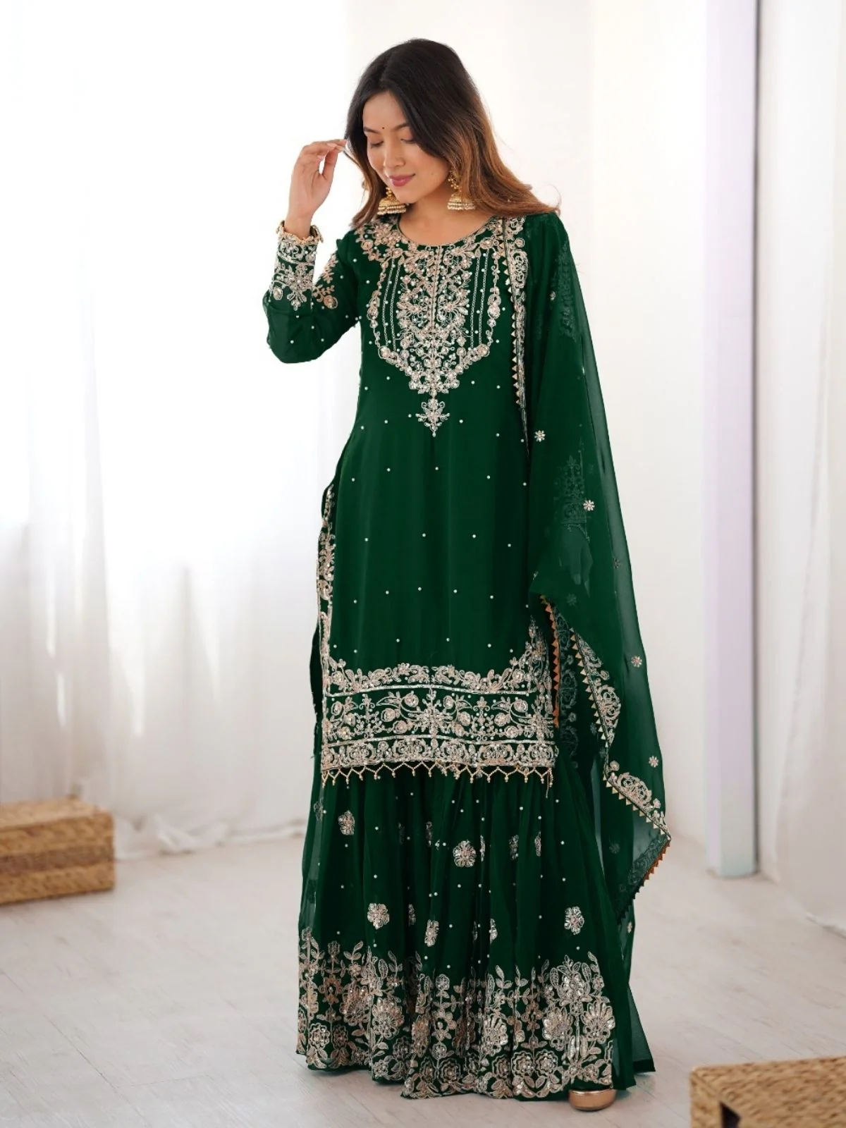 Odette Dark Green Georgette Embroidered Stitched Kurta Set For Women - Image 2
