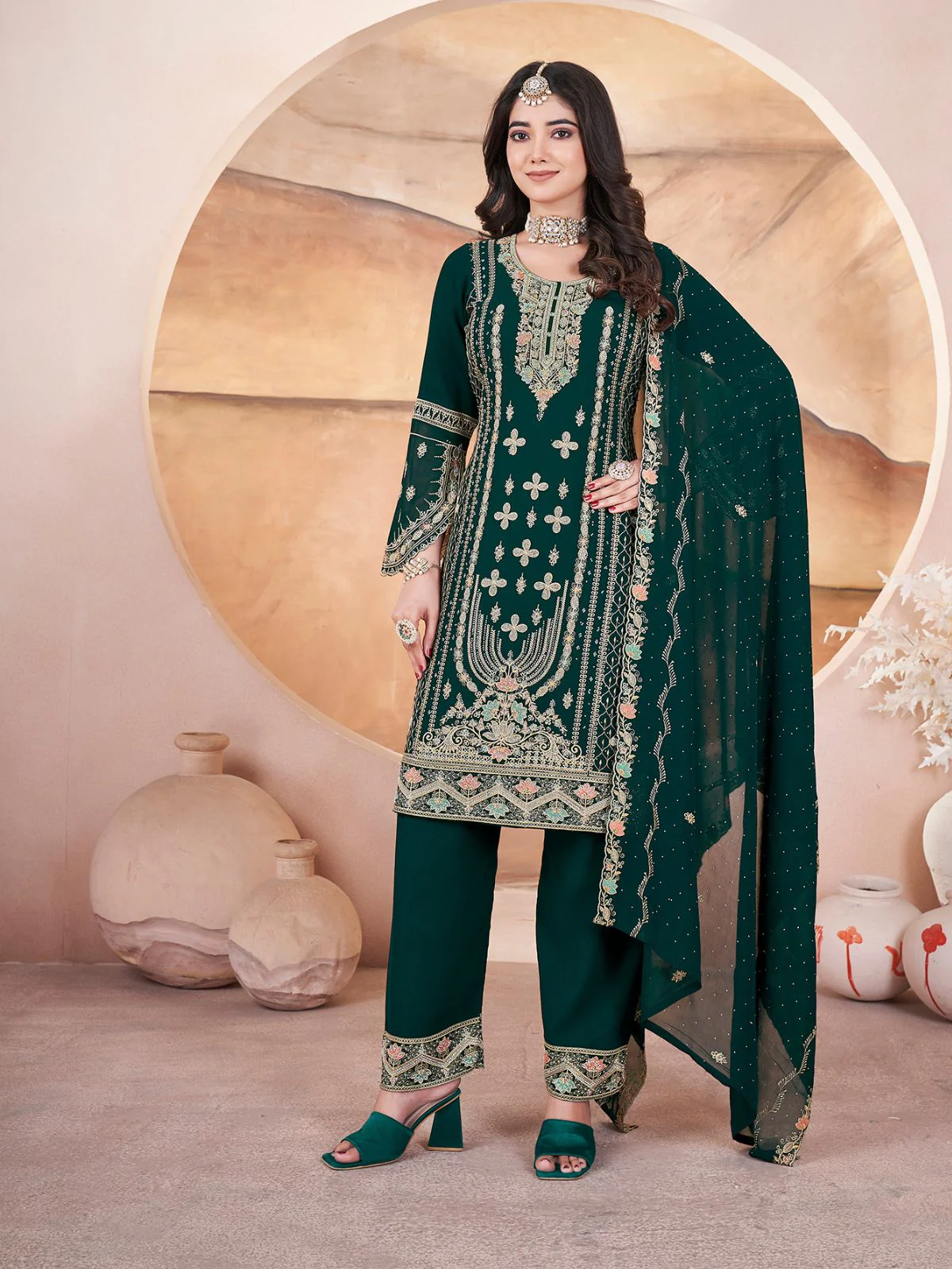Odette Dark Green Georgette Embroidered Stitched Kurta Set For Women - Image 2