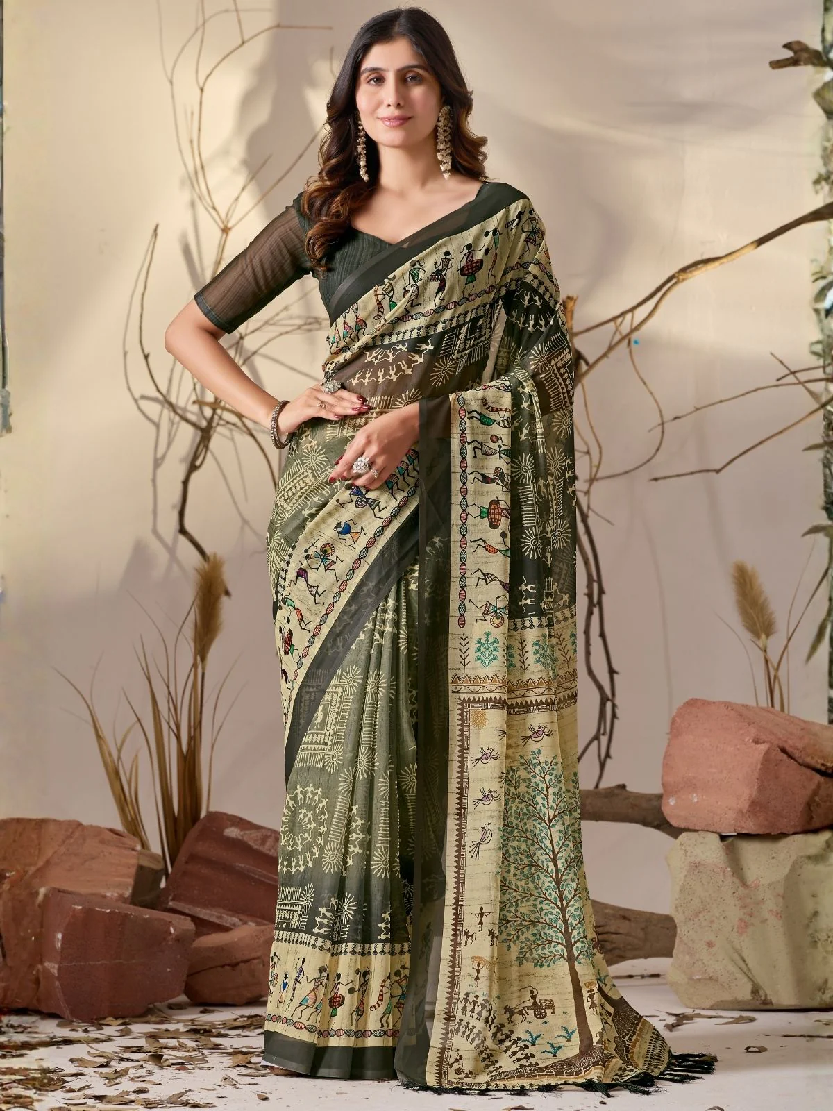 Odette Dark Green Georgette Printed Saree For Women