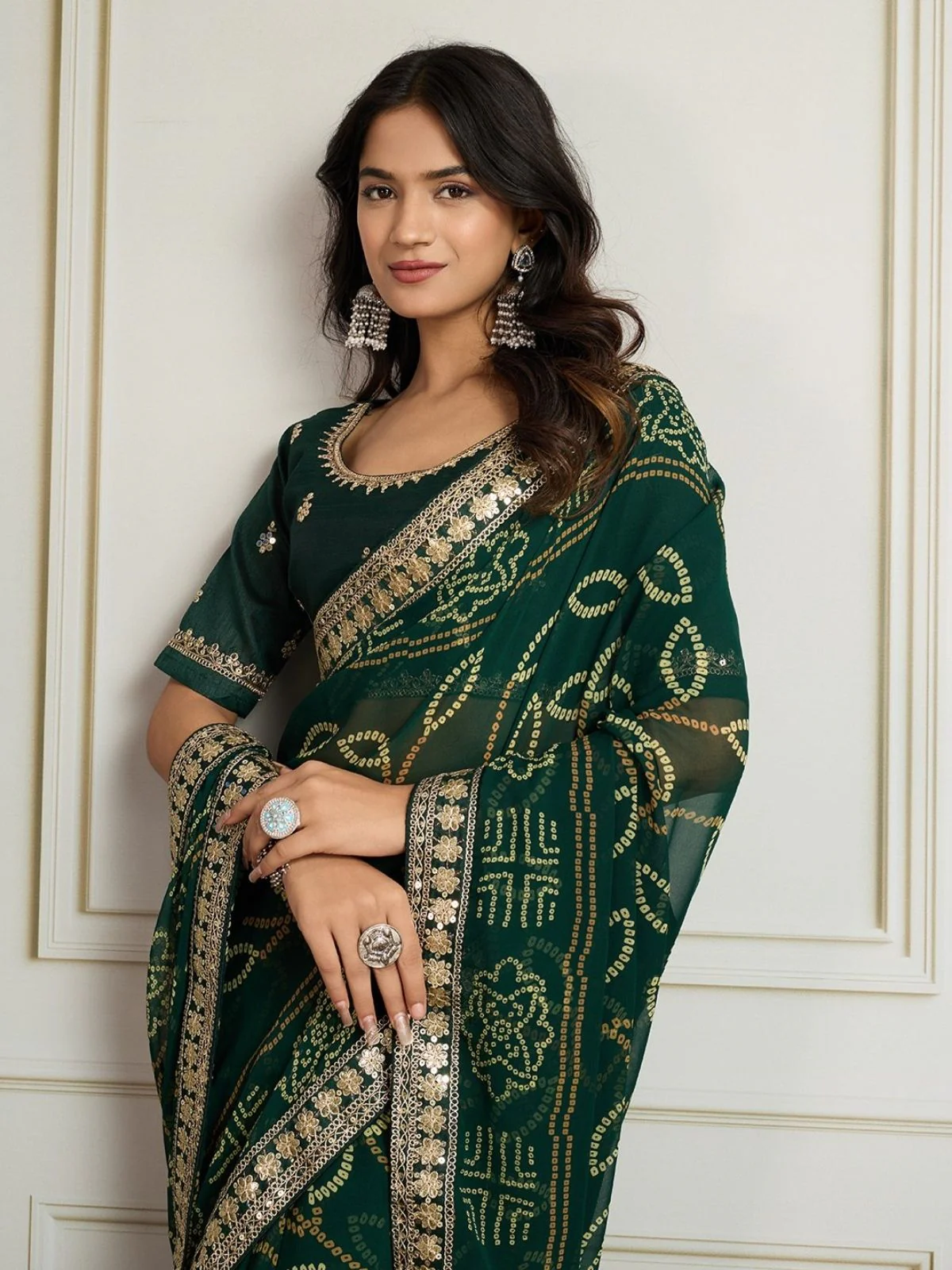 Odette Dark Green Georgette Printed Saree For Women - Image 2