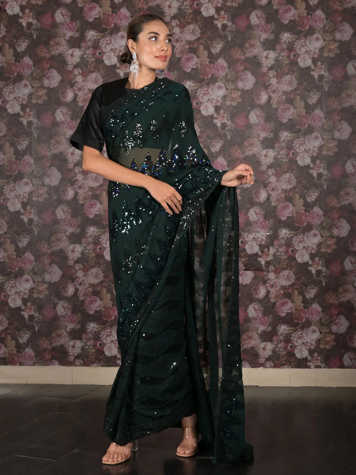 Odette Dark Green Georgette Sequins Embroidered Saree With Unstitched Blouse For Women - Image 2