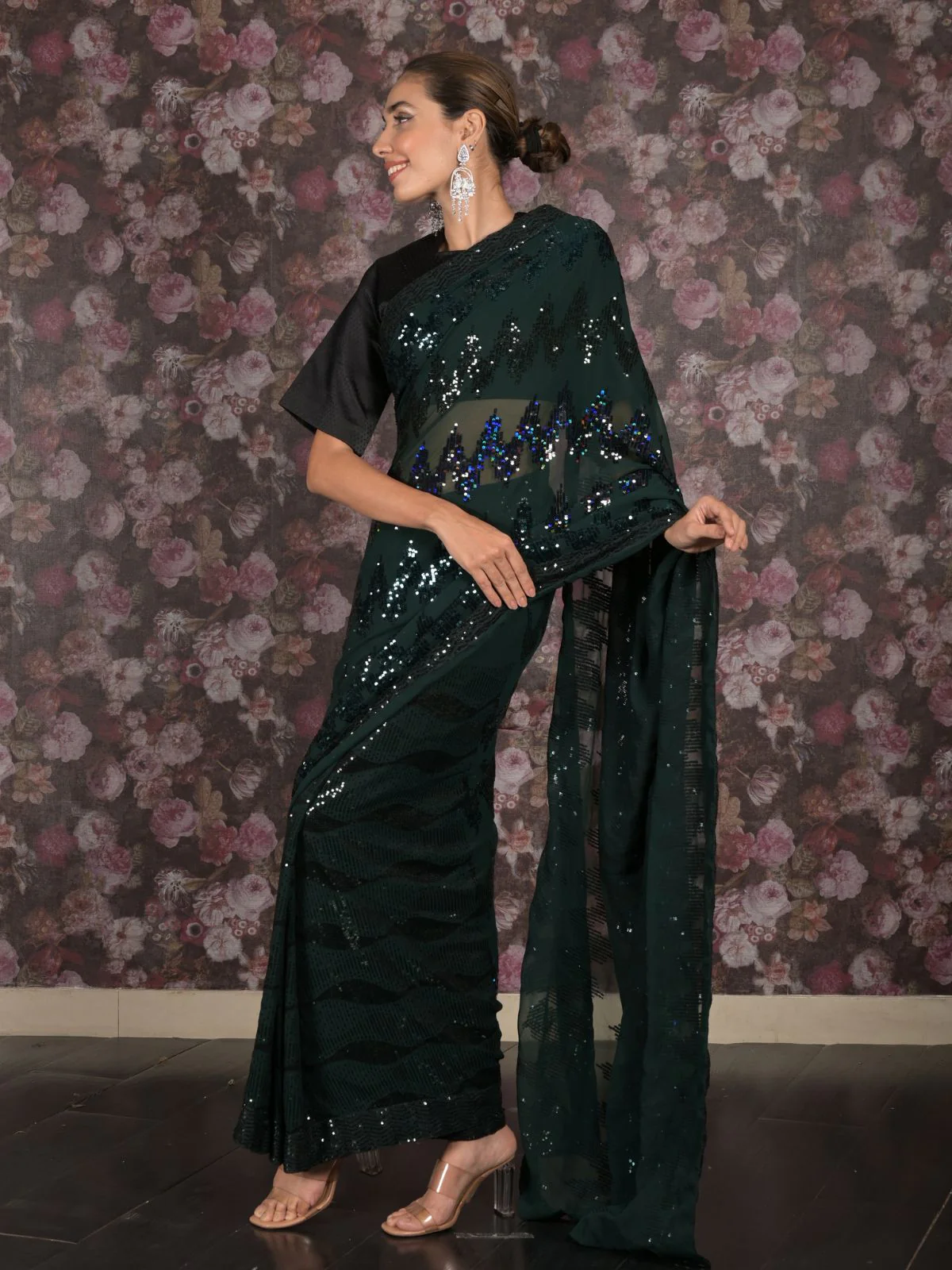 Odette Dark Green Georgette Sequins Embroidered Saree With Unstitched Blouse For Women - Image 3