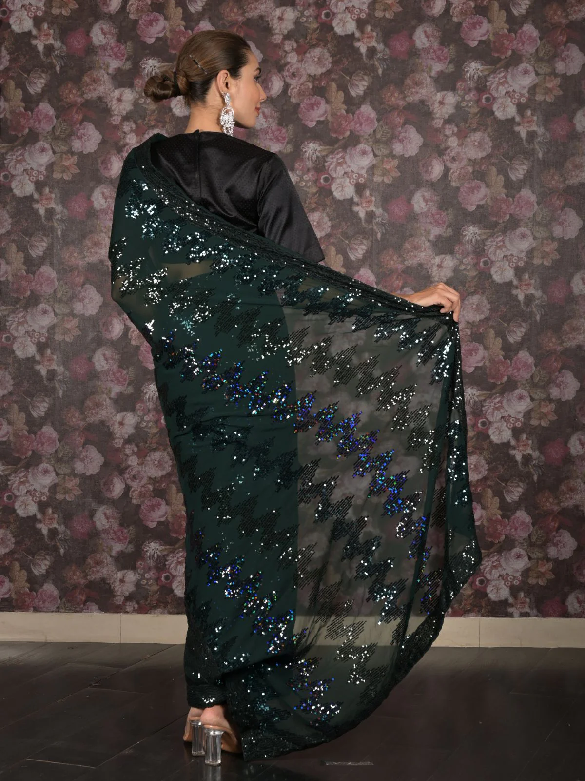 Odette Dark Green Georgette Sequins Embroidered Saree With Unstitched Blouse For Women - Image 4