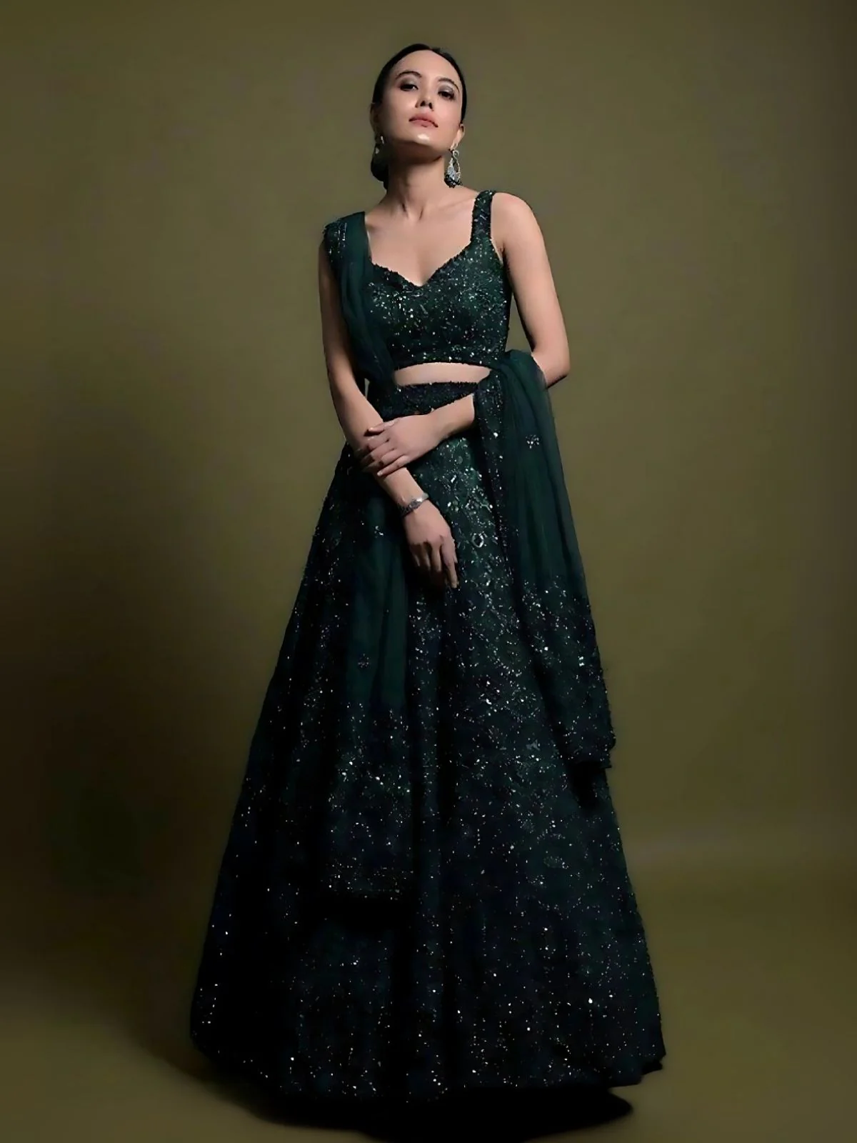 Odette Dark Green Net Embellished Semi-Stitched Lehenga For Women