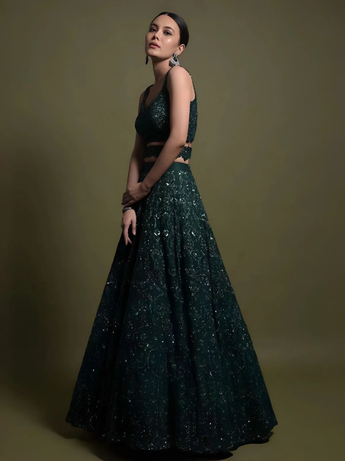 Odette Dark Green Net Embellished Semi-Stitched Lehenga For Women - Image 3