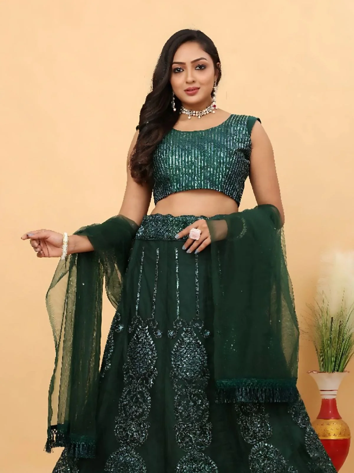 Odette Dark Green Net Embellished Semi-Stitched Lehenga For Women - Image 3