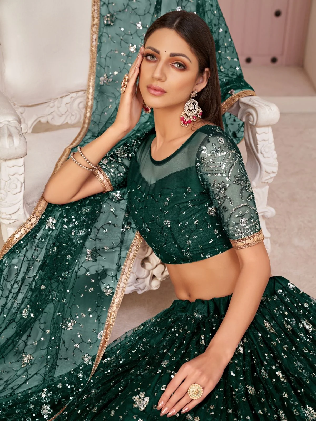 Odette Dark Green Net Embroidered Semi Stitched Lehenga For Women - Image 2