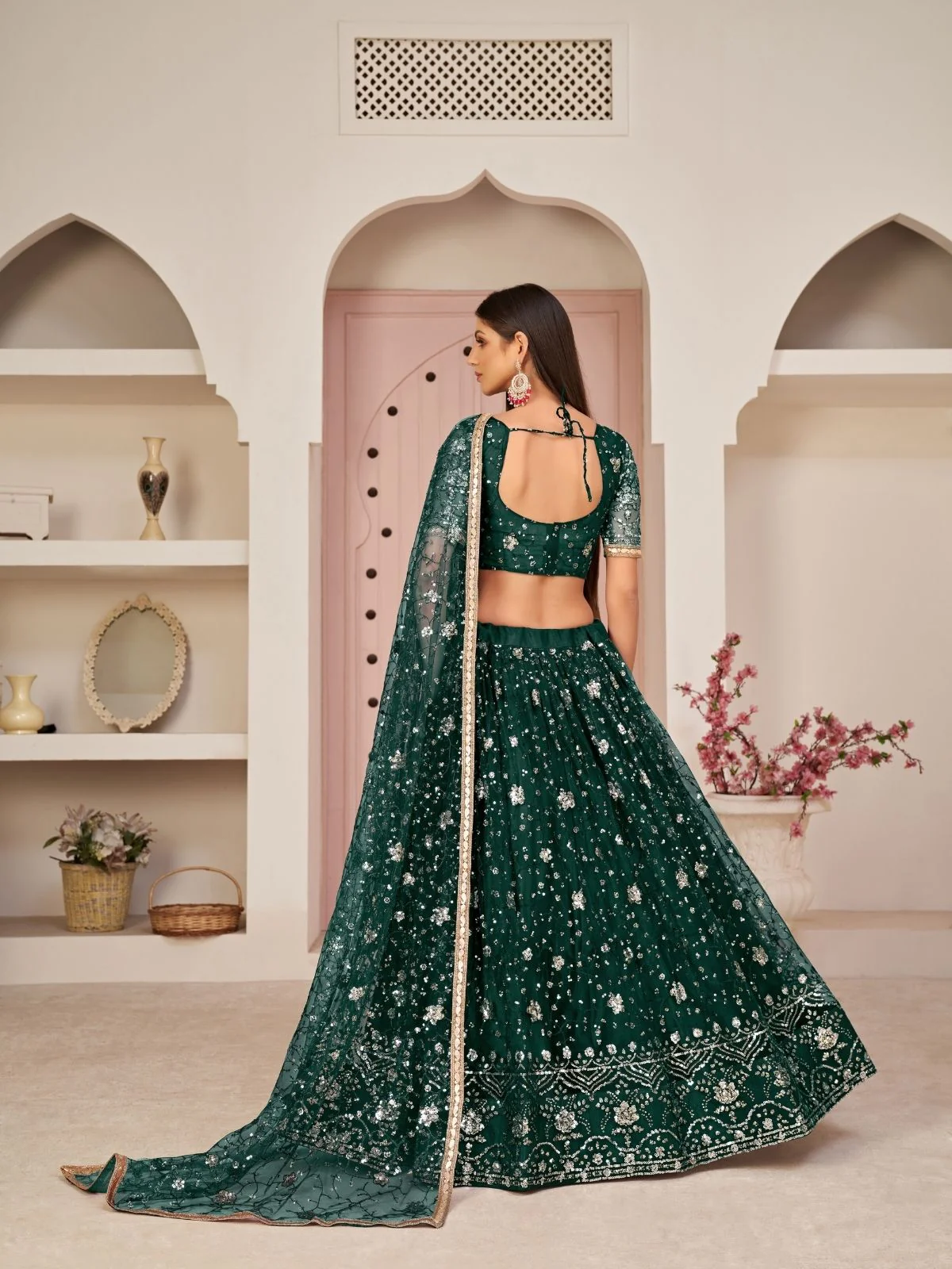 Odette Dark Green Net Embroidered Semi Stitched Lehenga For Women - Image 3
