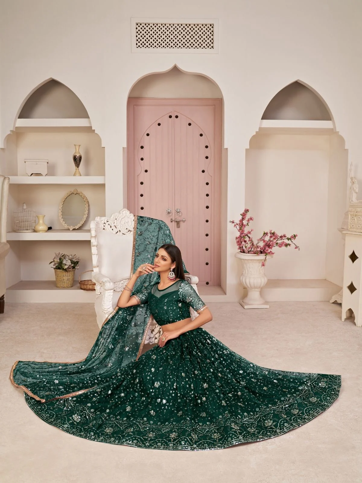 Odette Dark Green Net Embroidered Semi Stitched Lehenga For Women - Image 4