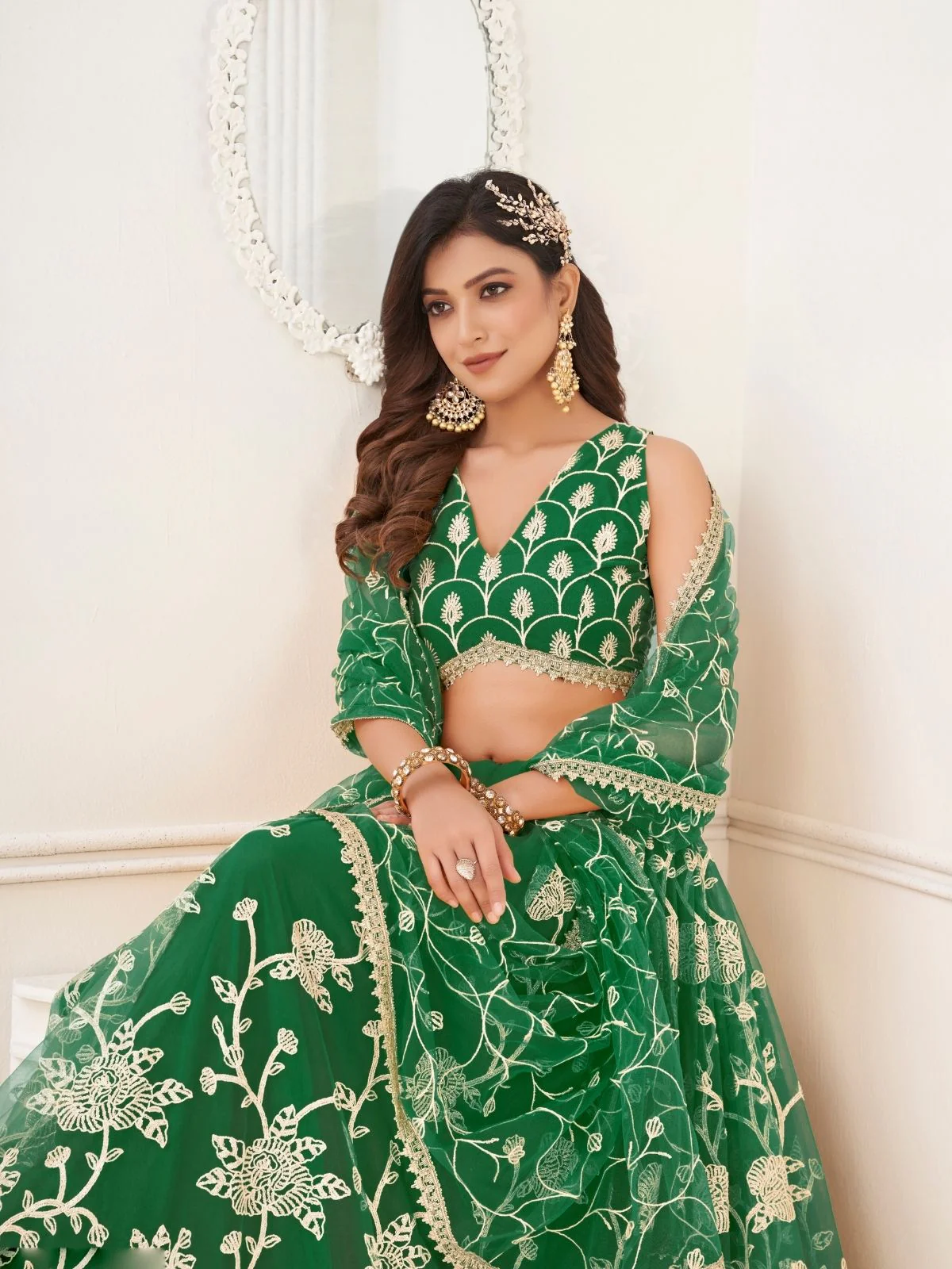 Odette Dark Green Net Embroidered Semi Stitched Lehenga For Women - Image 4