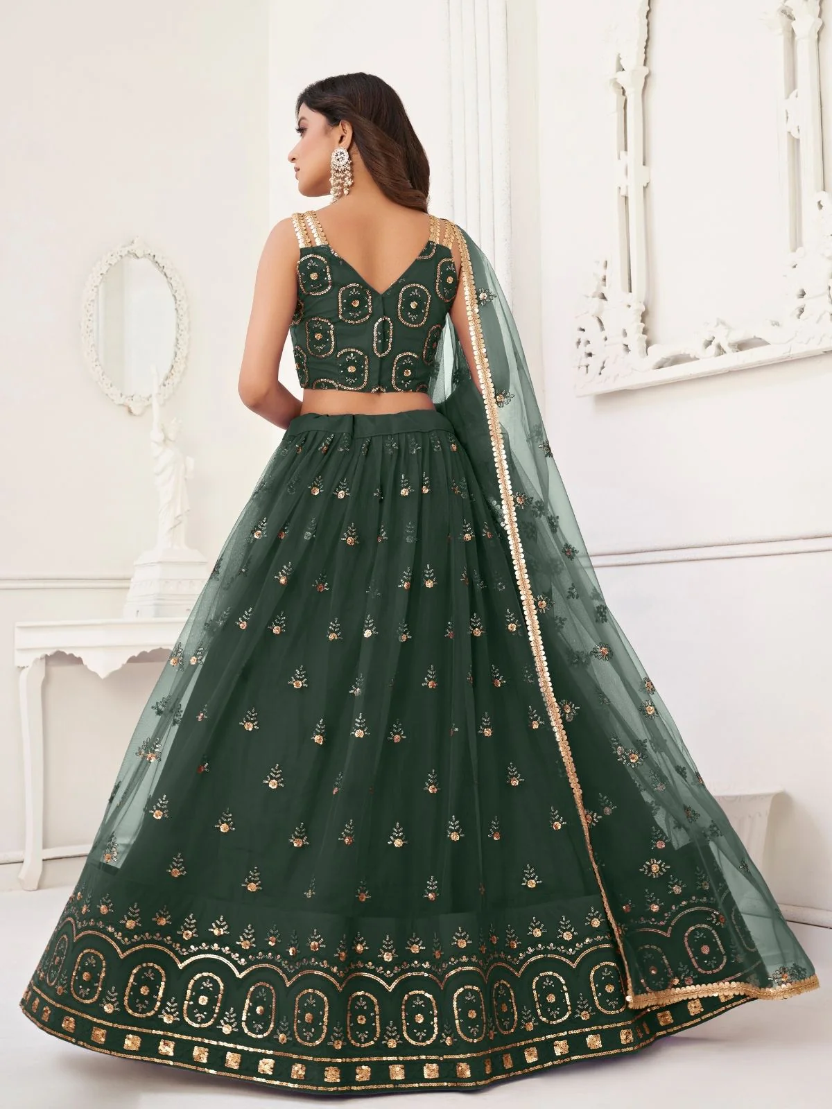 Odette Dark Green Net Embroidered Semi Stitched Lehenga For Women - Image 3
