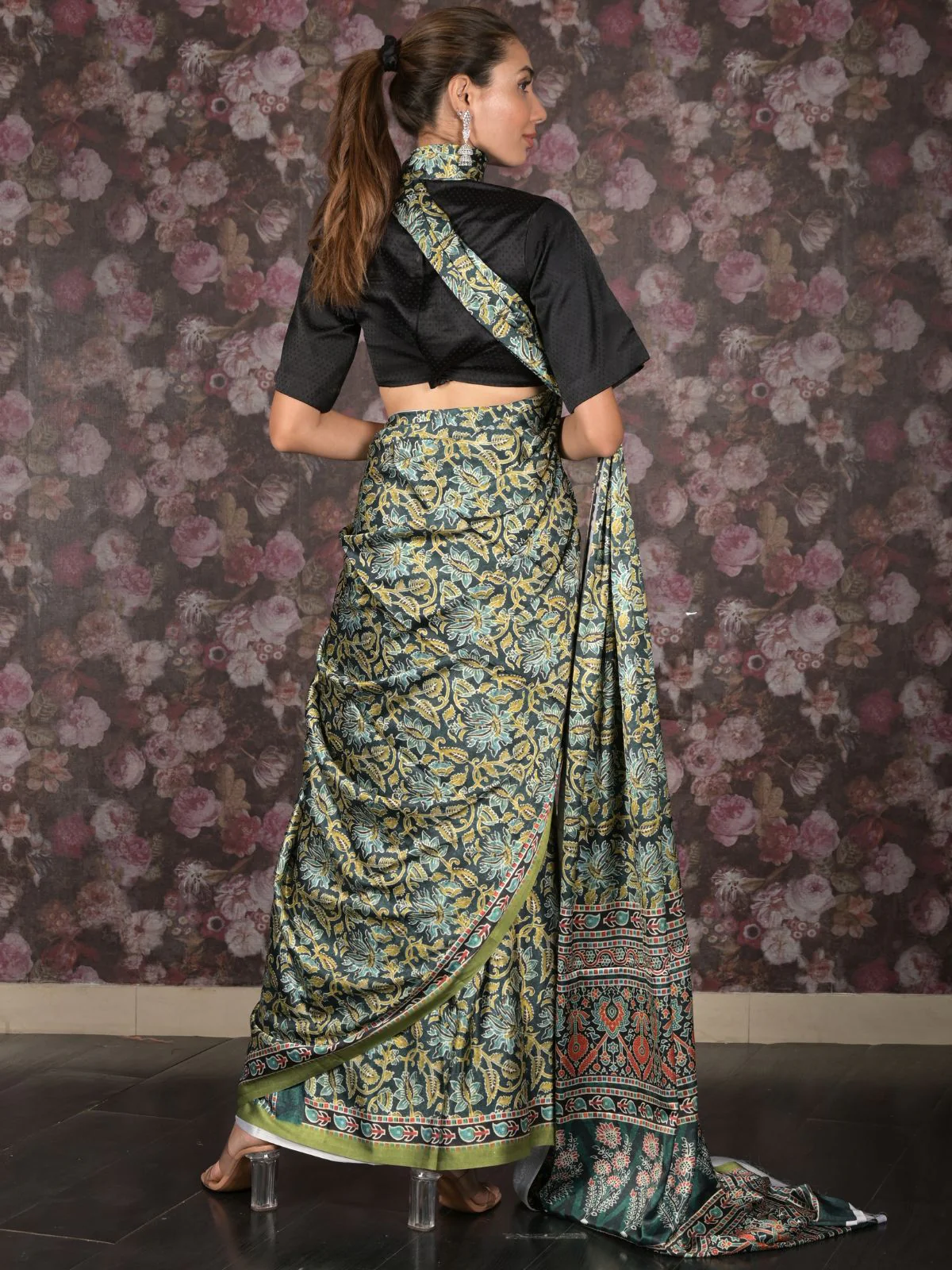 Odette Dark Green Printed Satin Saree with Unstitched Blouse for Women - Image 4