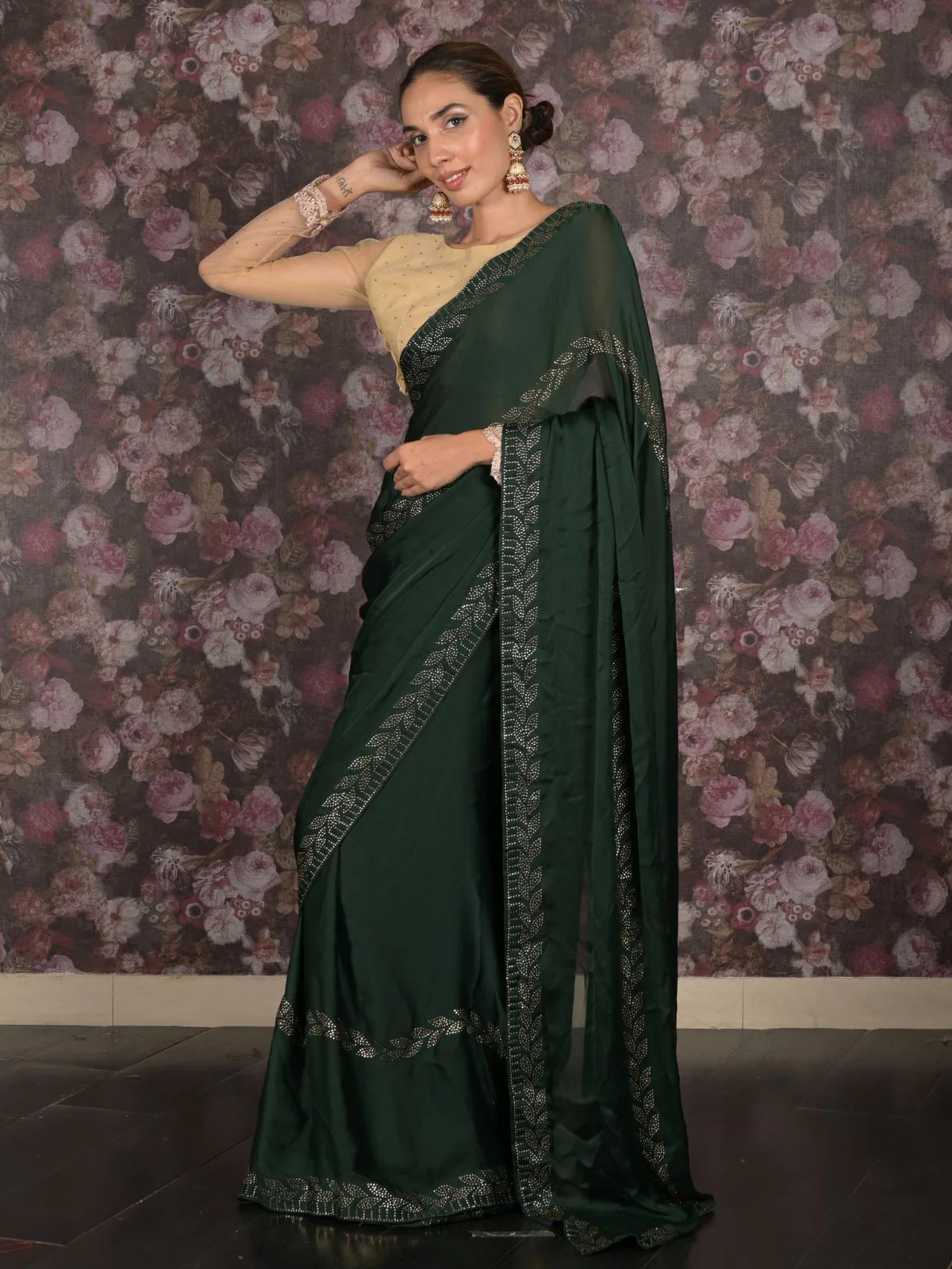 Odette Dark Green Satin Embellished Saree Without Blouse For Women - Image 2