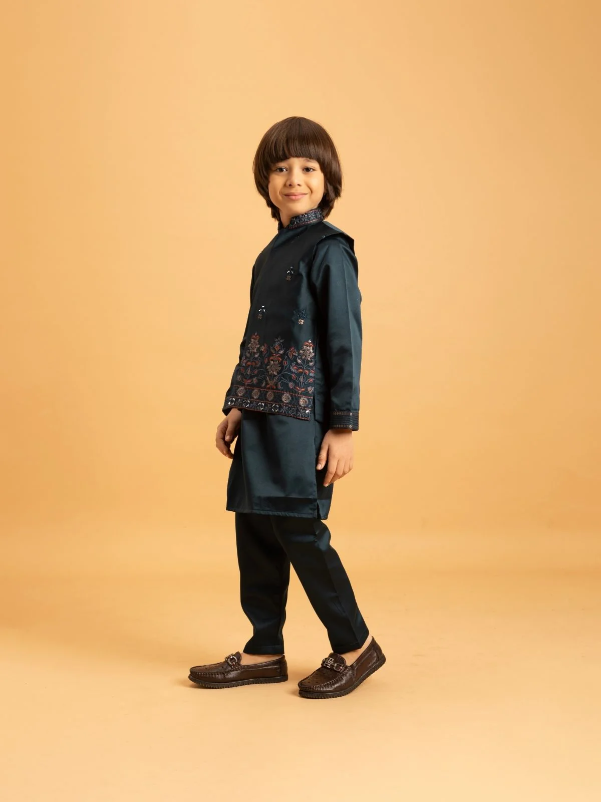 Odette Dark green Satin Embellished Stitched Kurta Set For Kids - Image 2