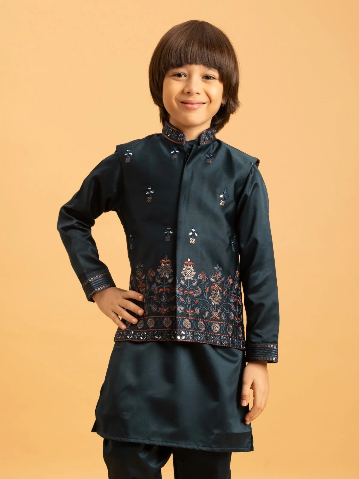 Odette Dark green Satin Embellished Stitched Kurta Set For Kids - Image 4