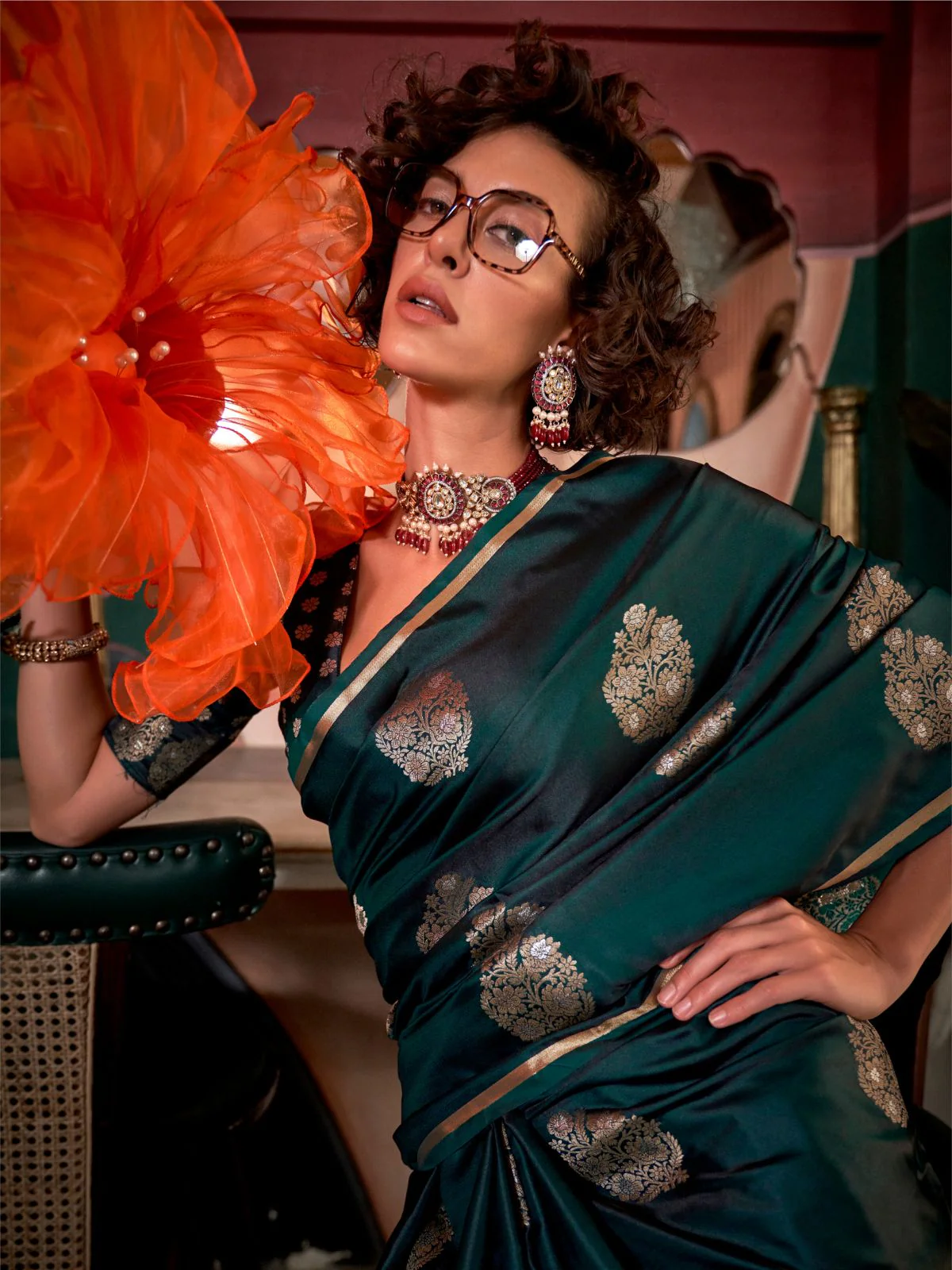Odette Dark Green Satin Woven Saree With Unstitched Blouse For Women - Image 3