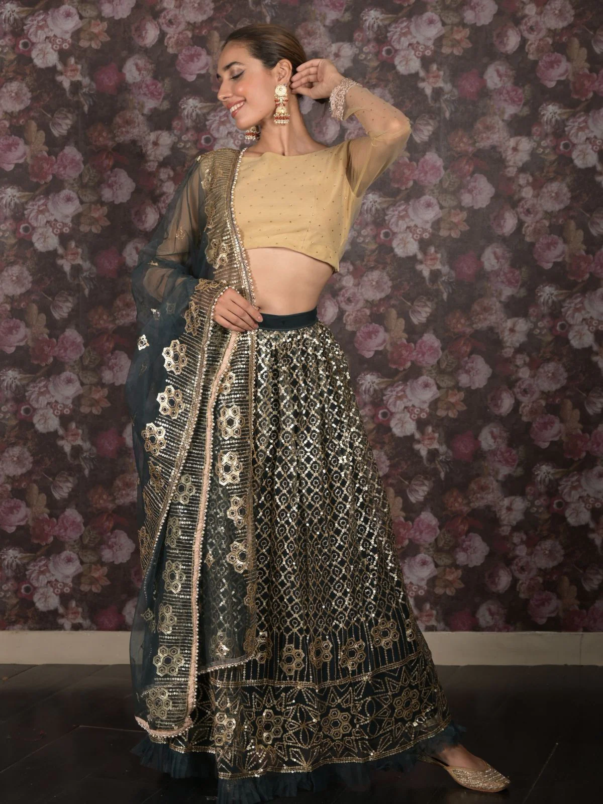 Odette Dark Green Semi Stitched Sequins Embroidered Net Lehenga with Unstitched Blouse And Dupatta For Women - Image 2