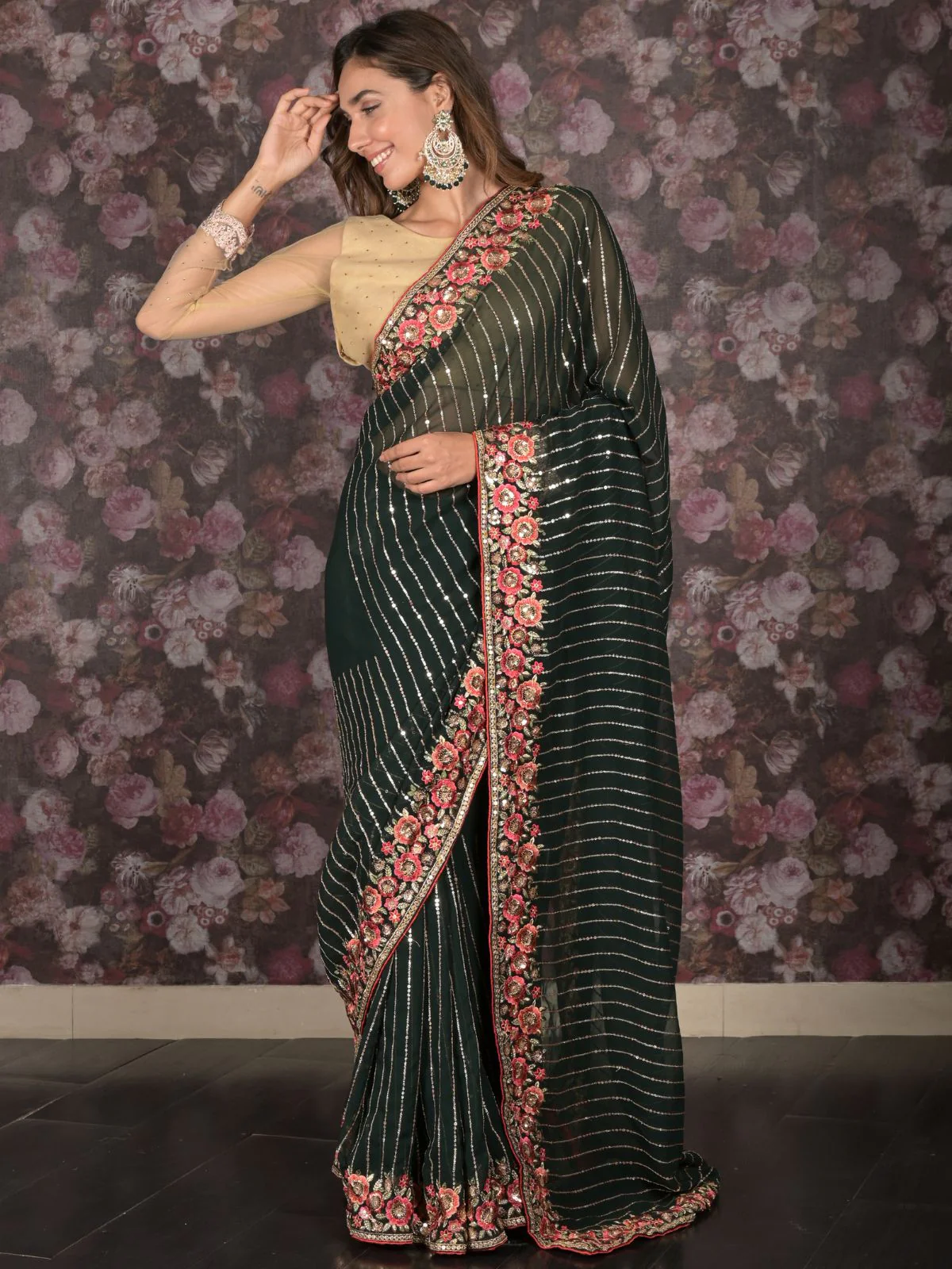 Odette Dark Green Sequins Embroidered Georgette Saree with Unstitched Blouse - Image 2