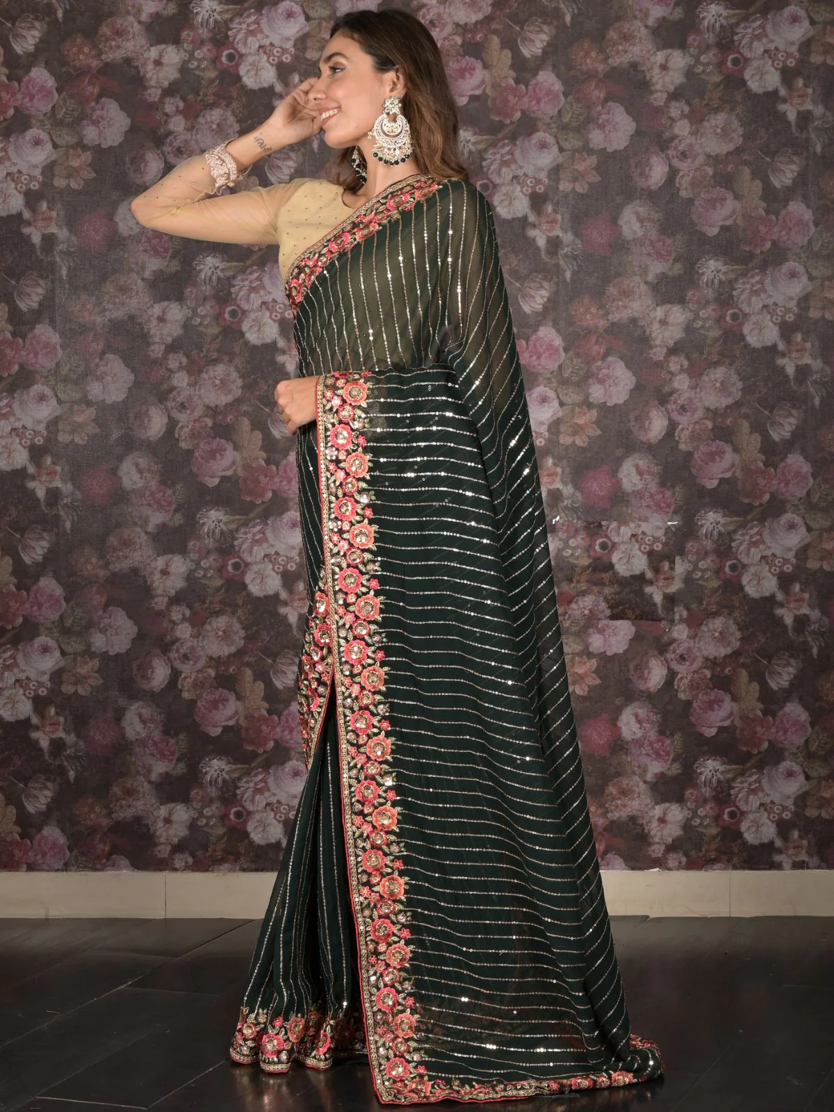 Odette Dark Green Sequins Embroidered Georgette Saree with Unstitched Blouse - Image 3