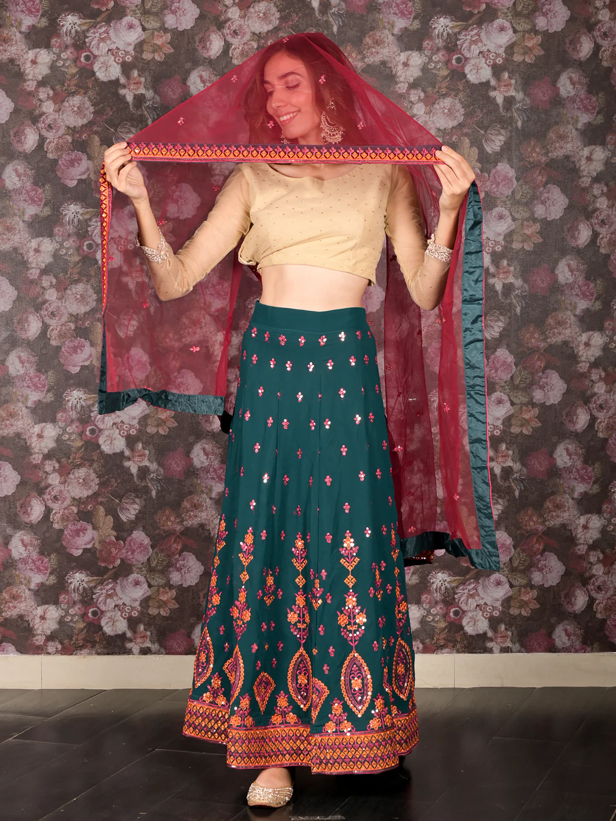 Odette Dark Green Sequins Embroidered Georgette Semi-Stitched Lehenga with Unstitched Blouse for Women - Image 3