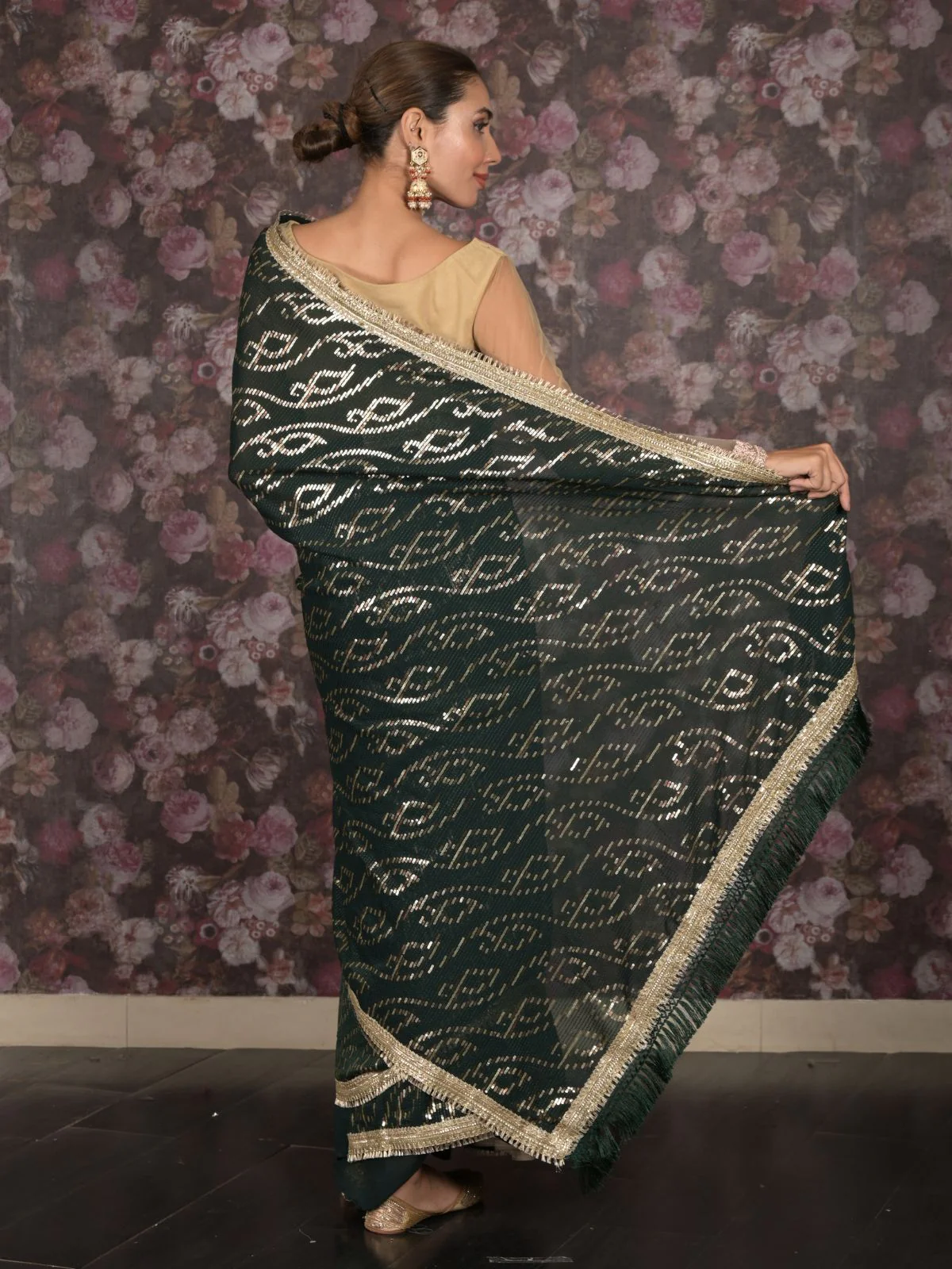 Odette Dark Green Sequins Embroidered Gota Lace Georgette Saree with Unstitched Blouse for Women - Image 4