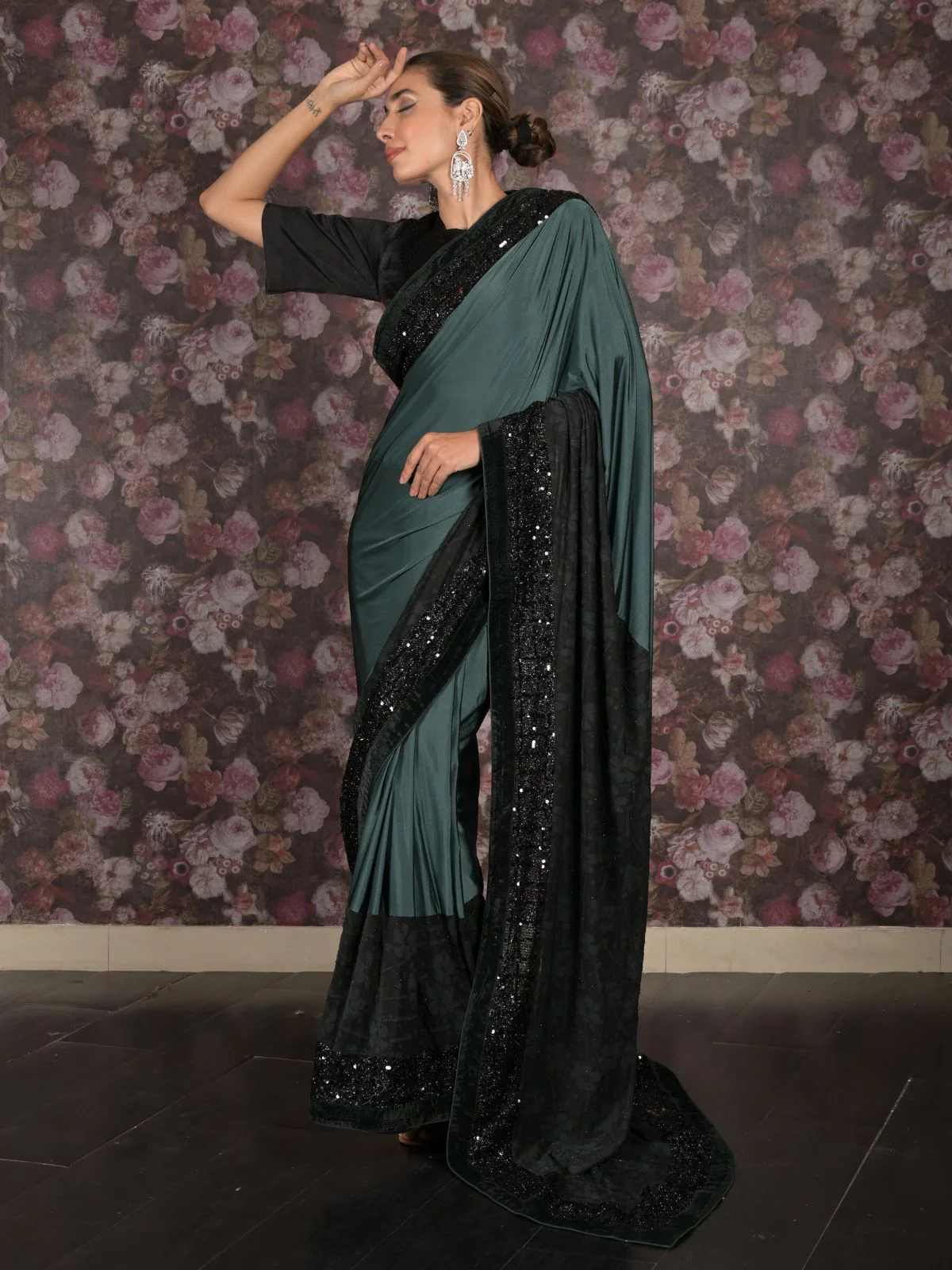 Odette Dark Green Sequins Embroidered Lycra Saree for Women - Image 2