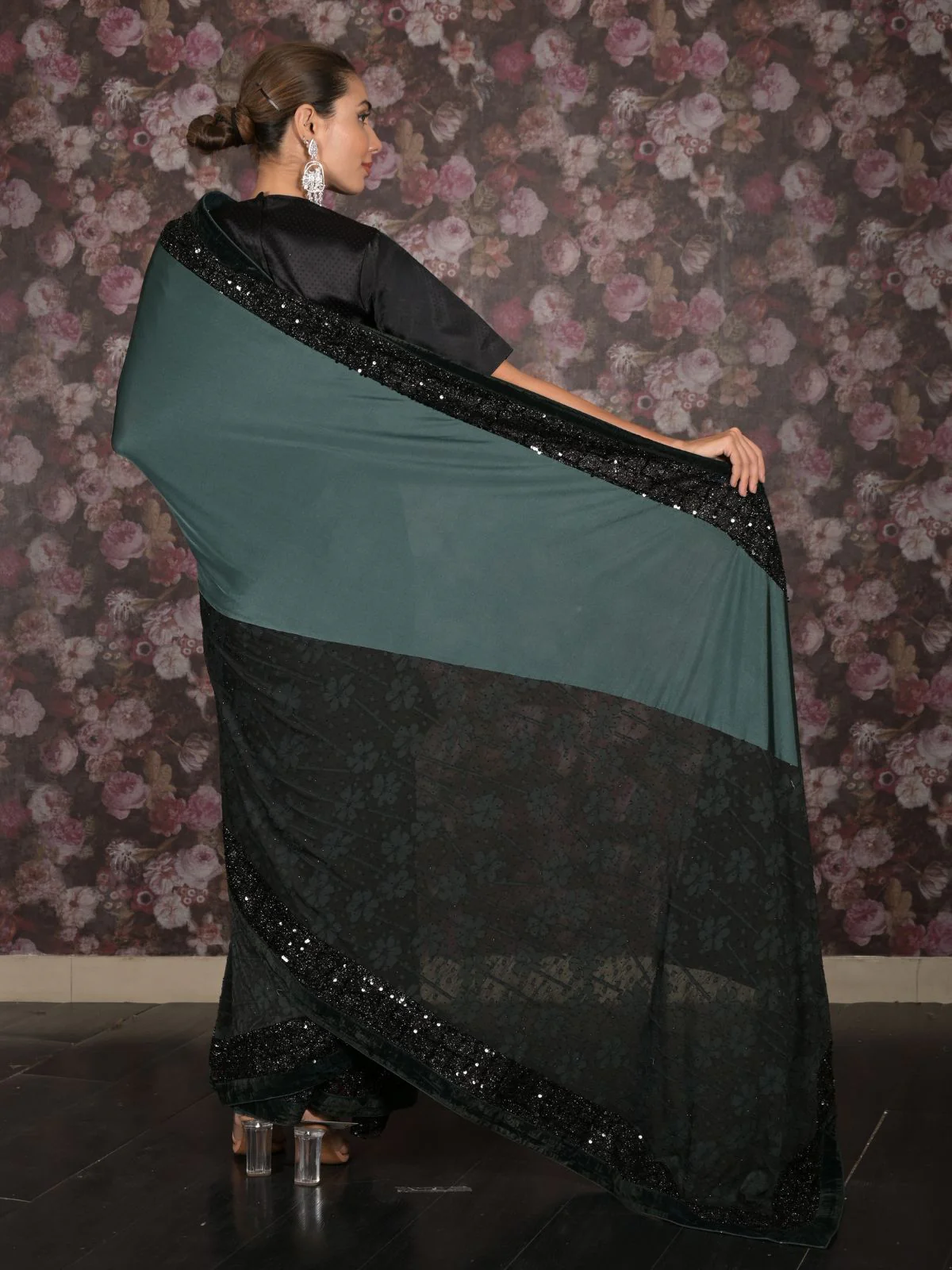 Odette Dark Green Sequins Embroidered Lycra Saree for Women - Image 3
