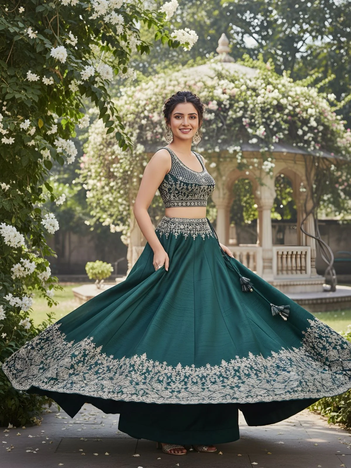 Odette Dark Green Silk Blend Embroidered Semi Stitched Lehenga For Women - Image 2