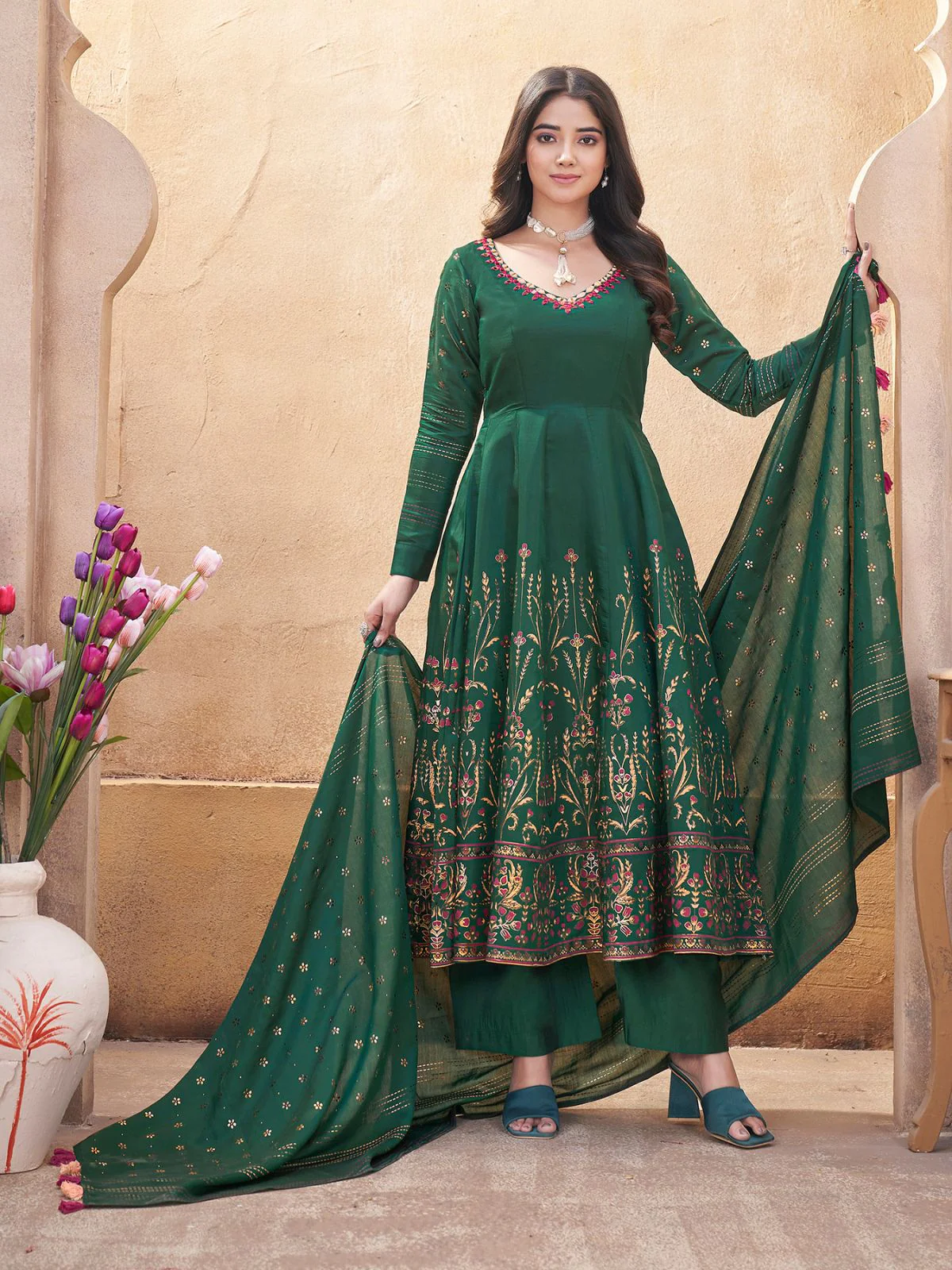 Odette Dark Green Silk Blend Printed Stitched Kurta Set For Women - Image 2