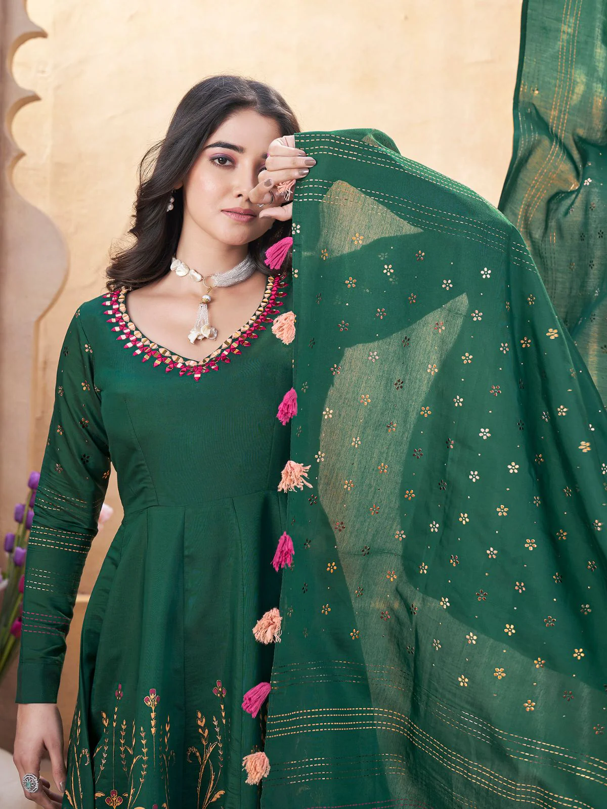 Odette Dark Green Silk Blend Printed Stitched Kurta Set For Women - Image 4