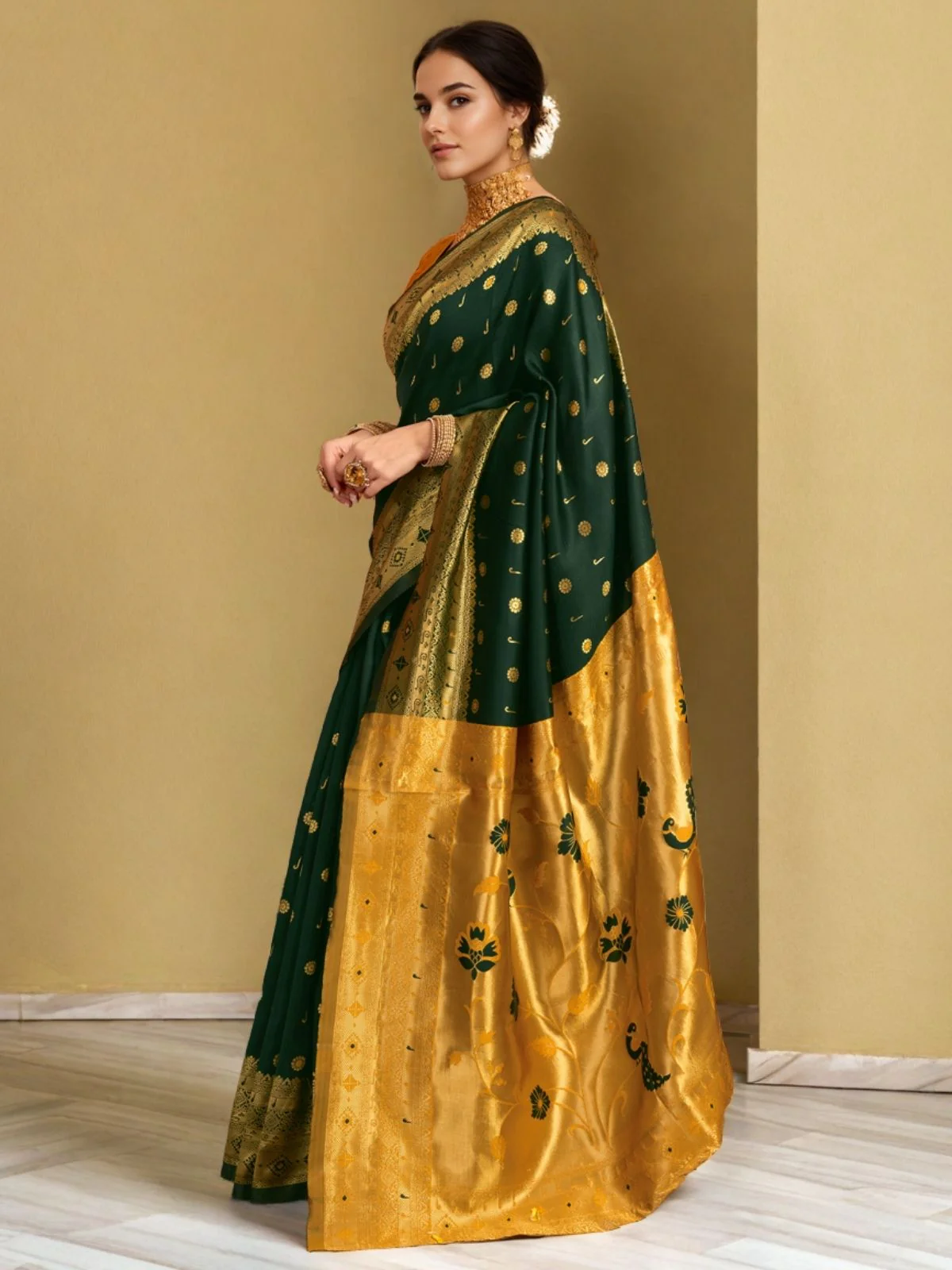 Odette Dark Green Silk Blend Woven Pithani Saree For Women - Image 2