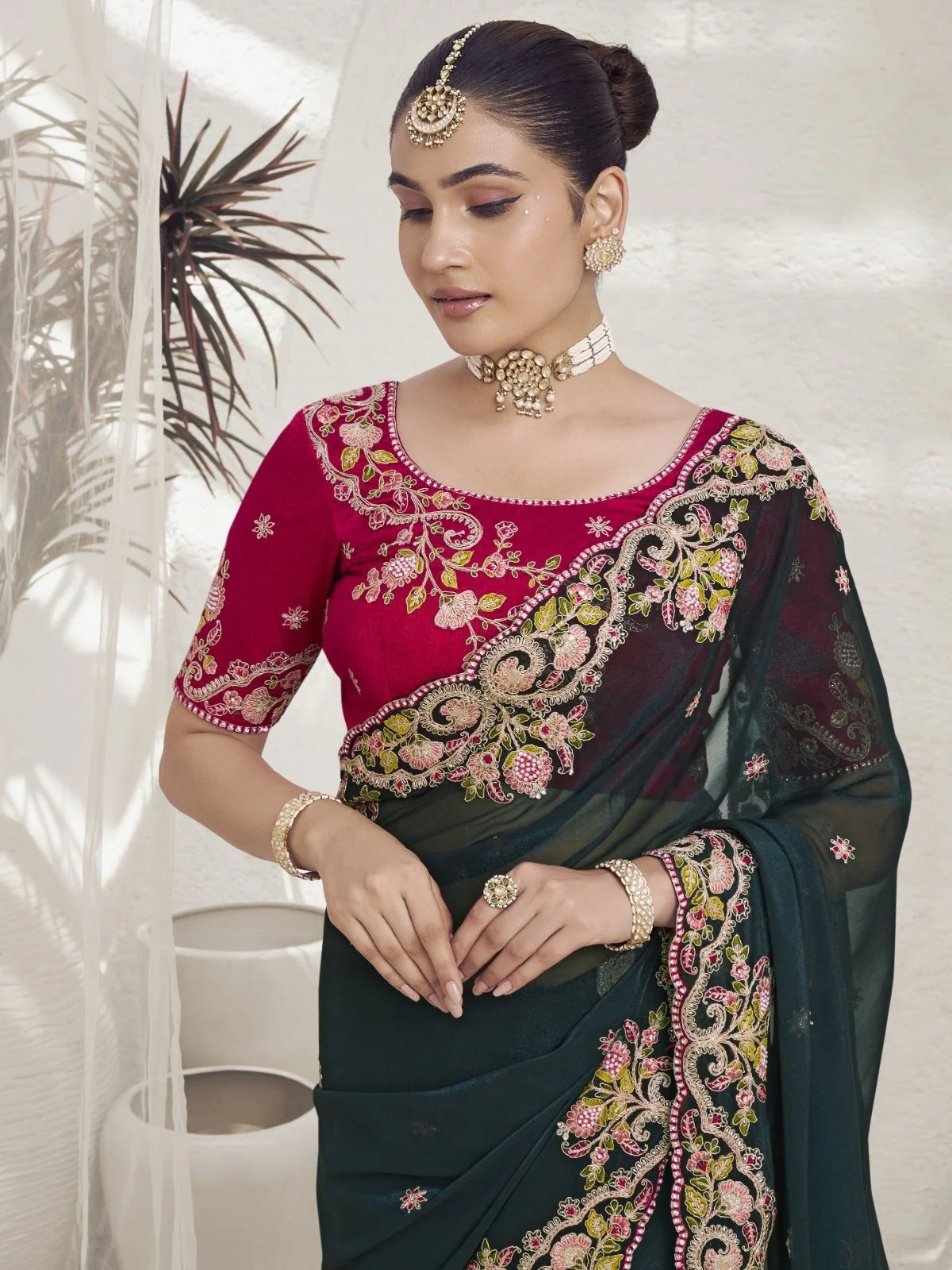 Odette Dark Green Georgette Embroidered Saree With Unstitched Blouse For Women - Image 3