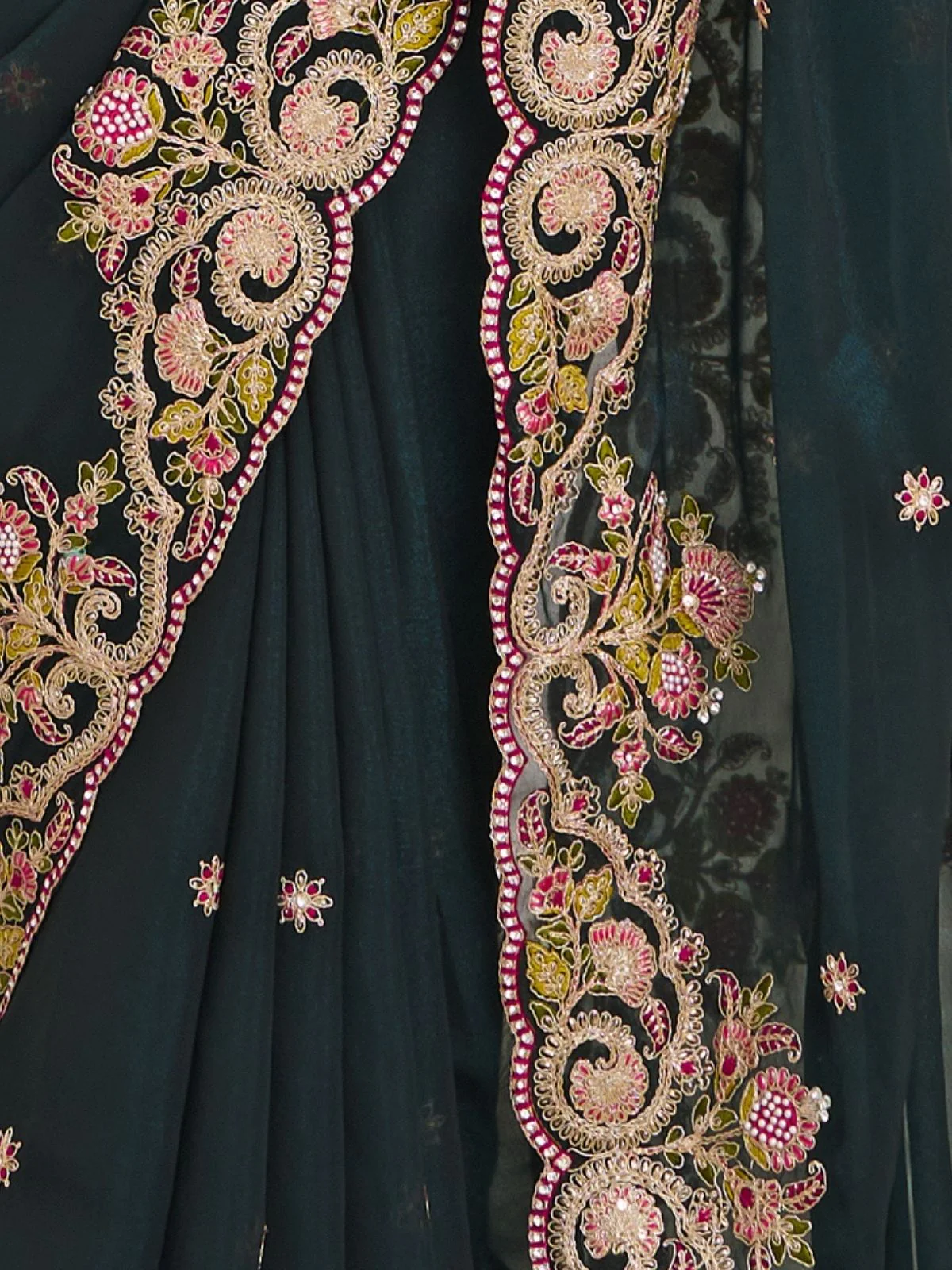 Odette Dark Green Georgette Embroidered Saree With Unstitched Blouse For Women - Image 4