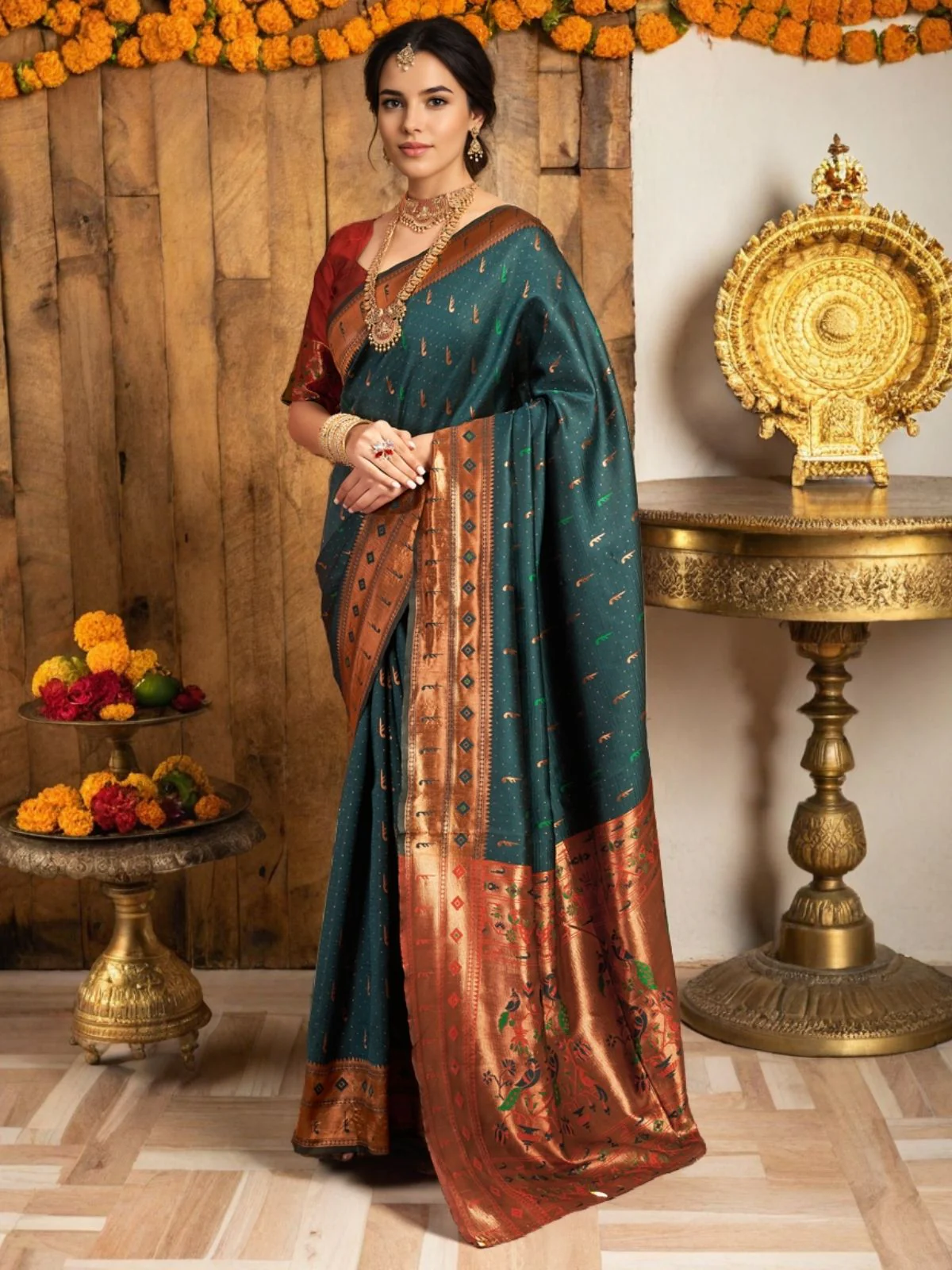 Odette Dark Green Silk Woven Saree For Women - Image 3