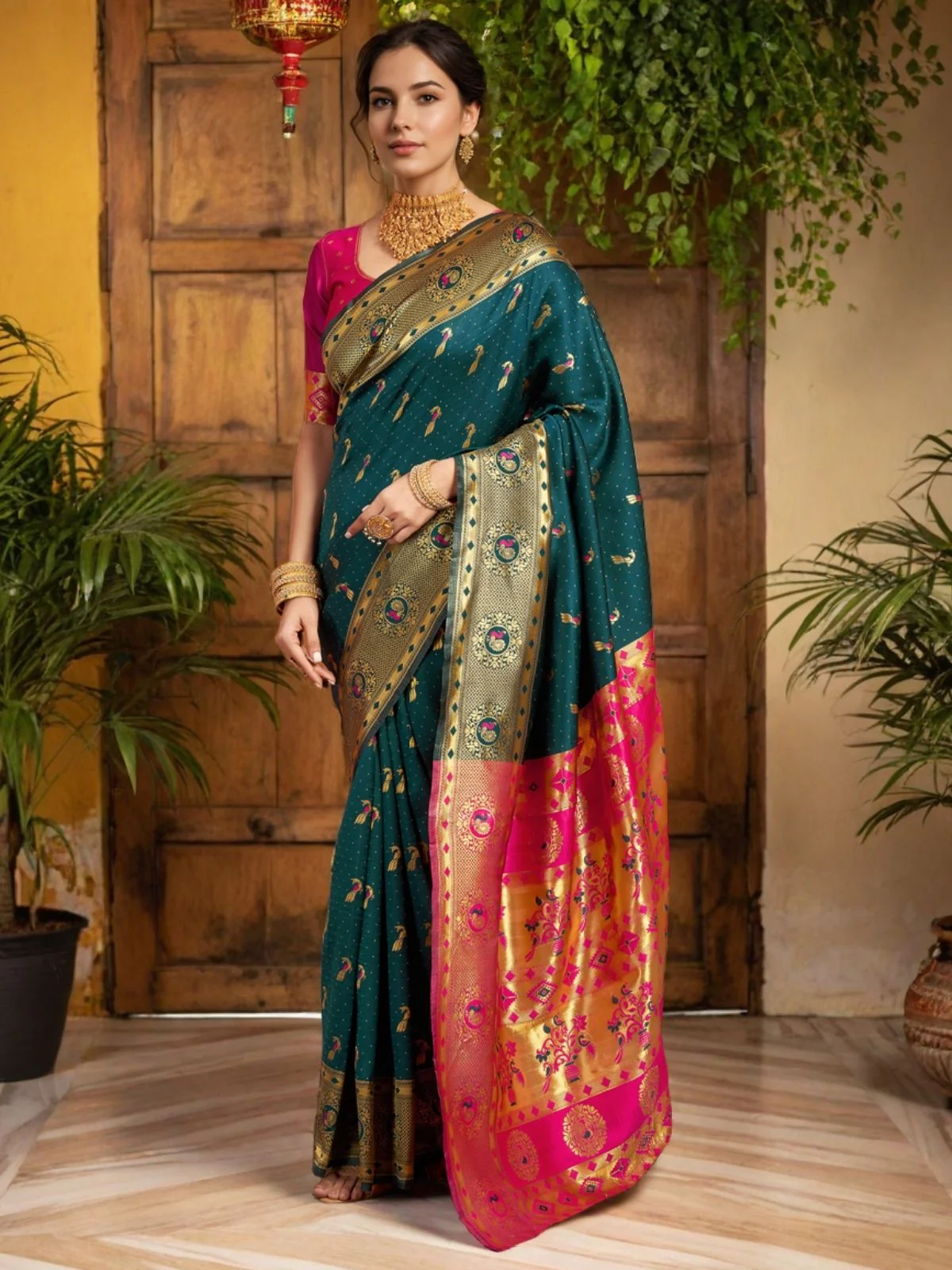 Odette Dark Green Silk Woven Saree For Women