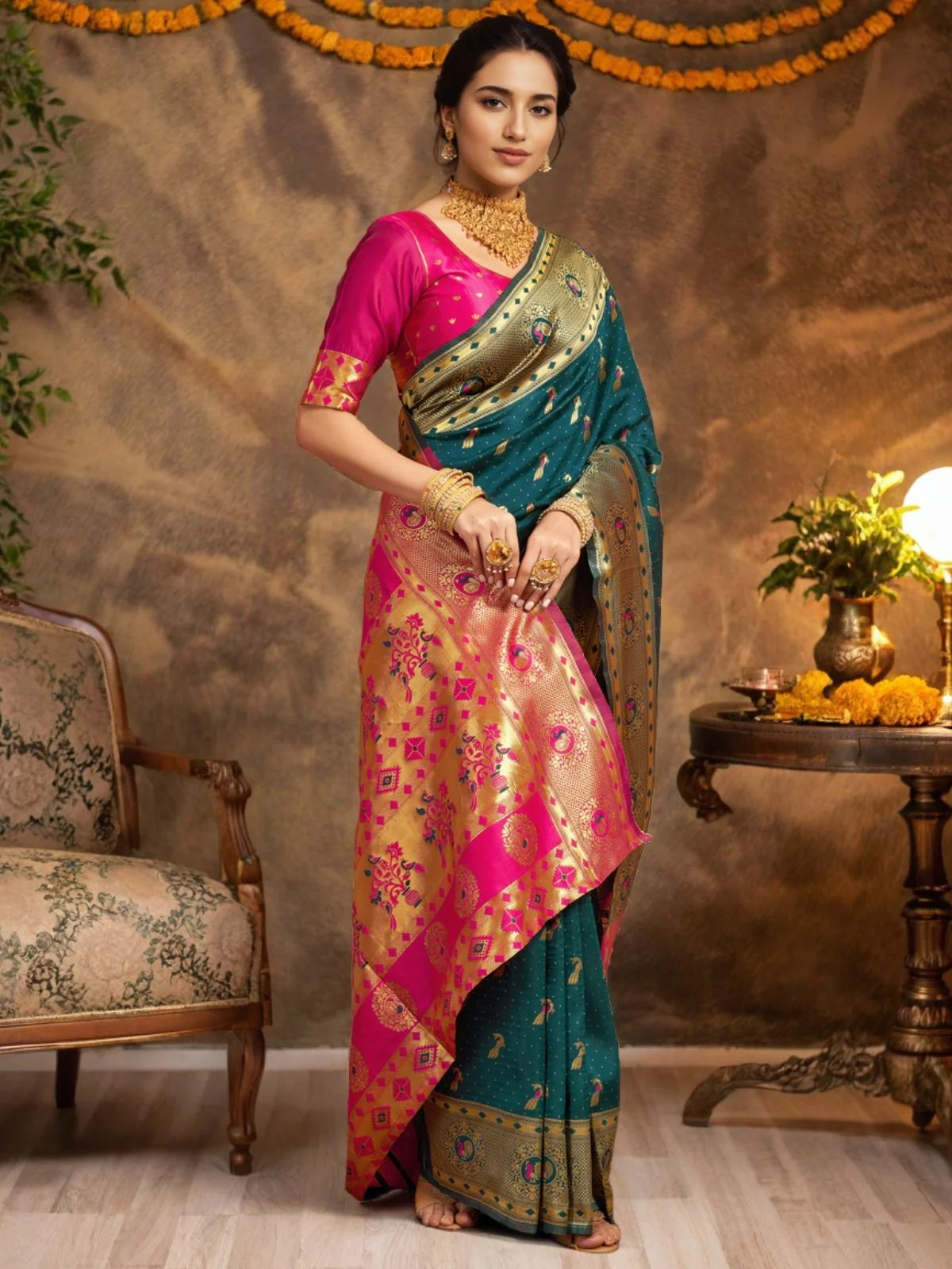 Odette Dark Green Silk Woven Saree For Women - Image 2