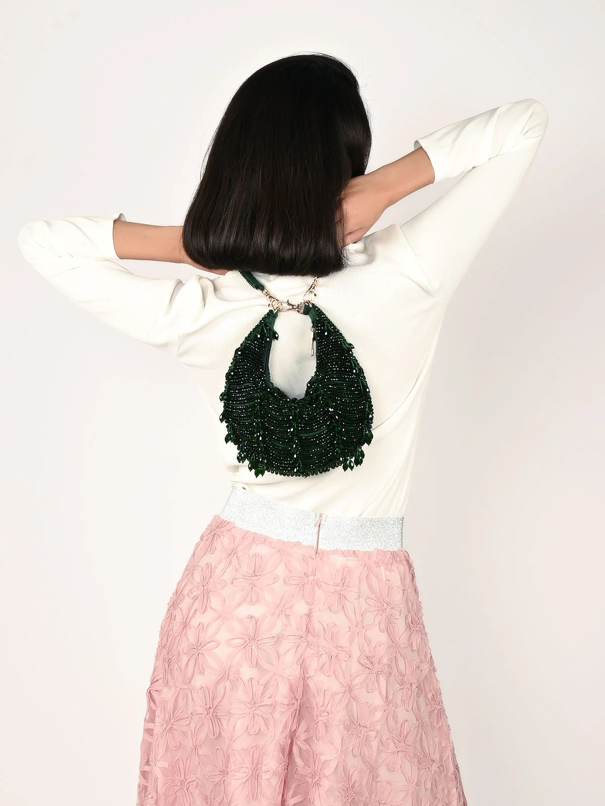 Odette Dark Green Suede Embellished Clutch For Women
