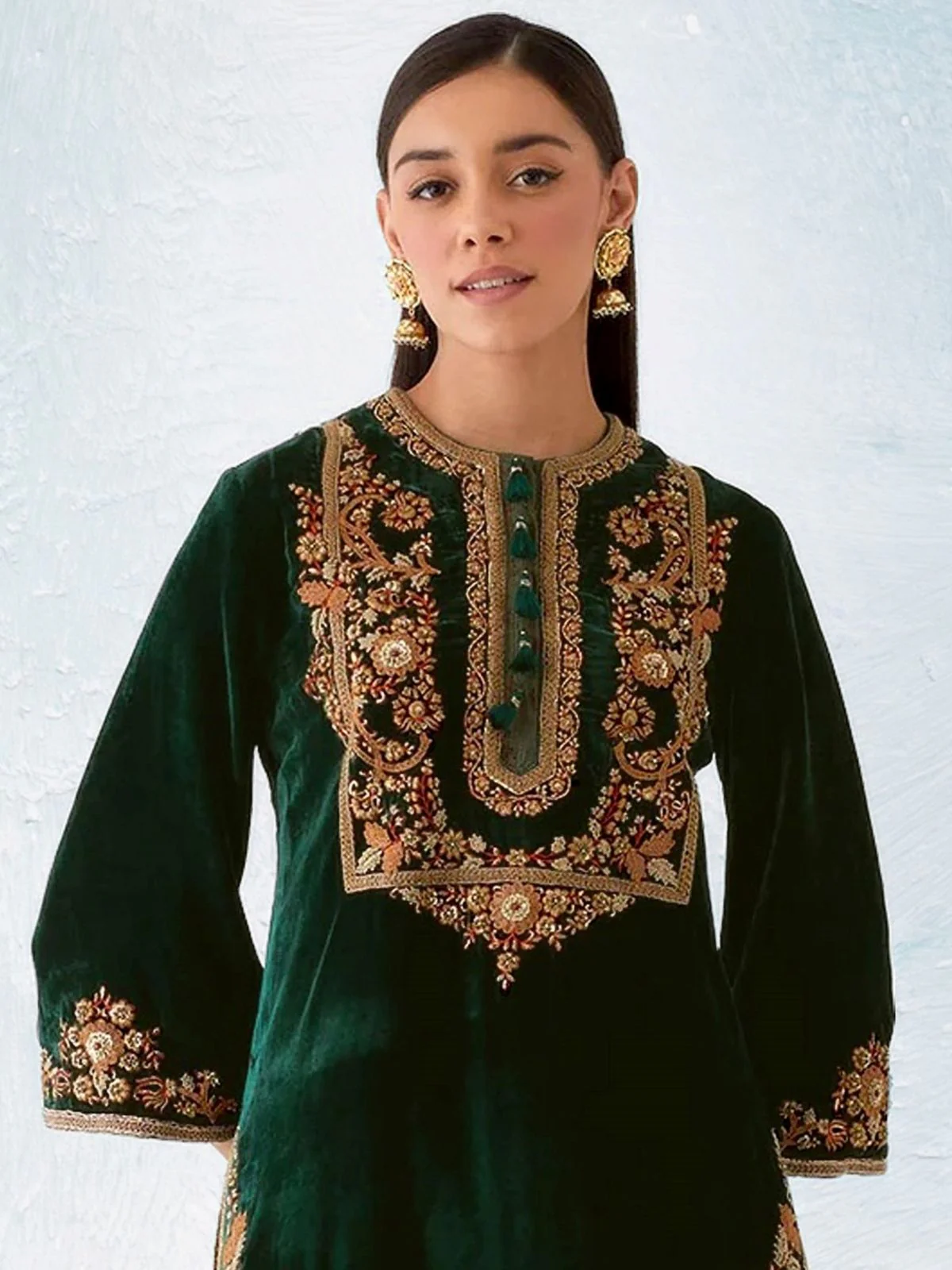 Odette Dark Green Velvet Embroidered Semi-Sitched Kurta Set For Women - Image 2