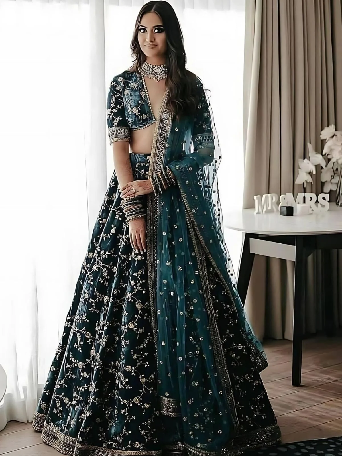 Odette Dark Green Velvet Embroidered Semi-Stitched lehenga For Women