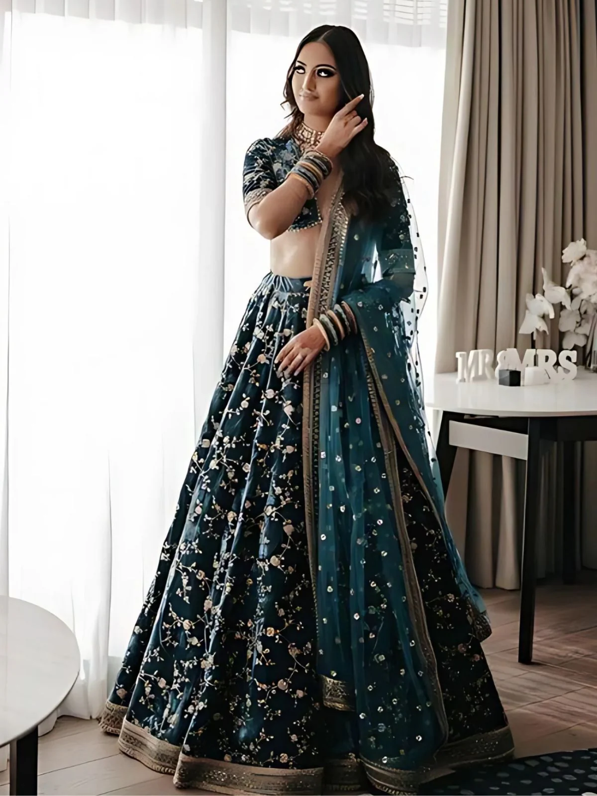Odette Dark Green Velvet Embroidered Semi-Stitched lehenga For Women - Image 3