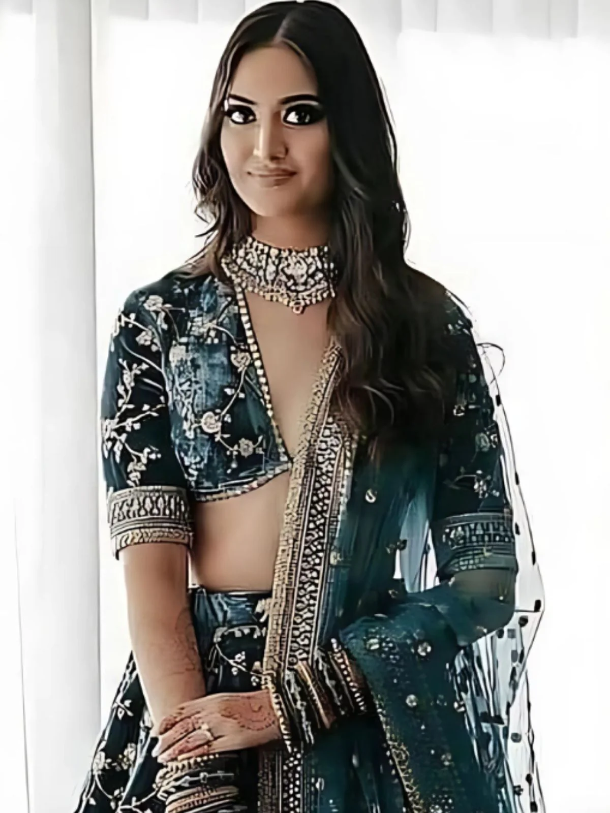 Odette Dark Green Velvet Embroidered Semi-Stitched lehenga For Women - Image 4