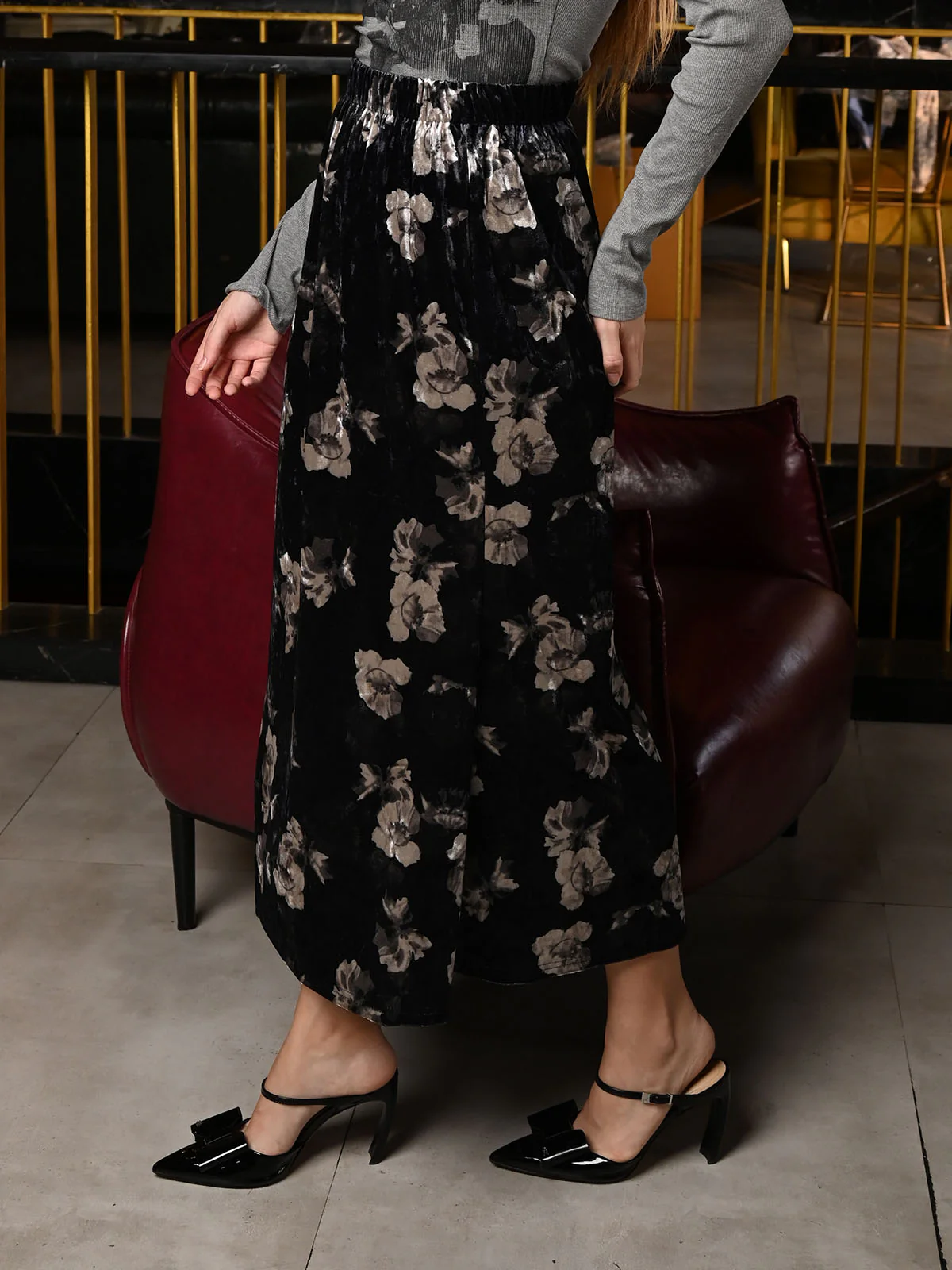 Odette Dark Green Velvet Printed Long Skirt For Women - Image 3