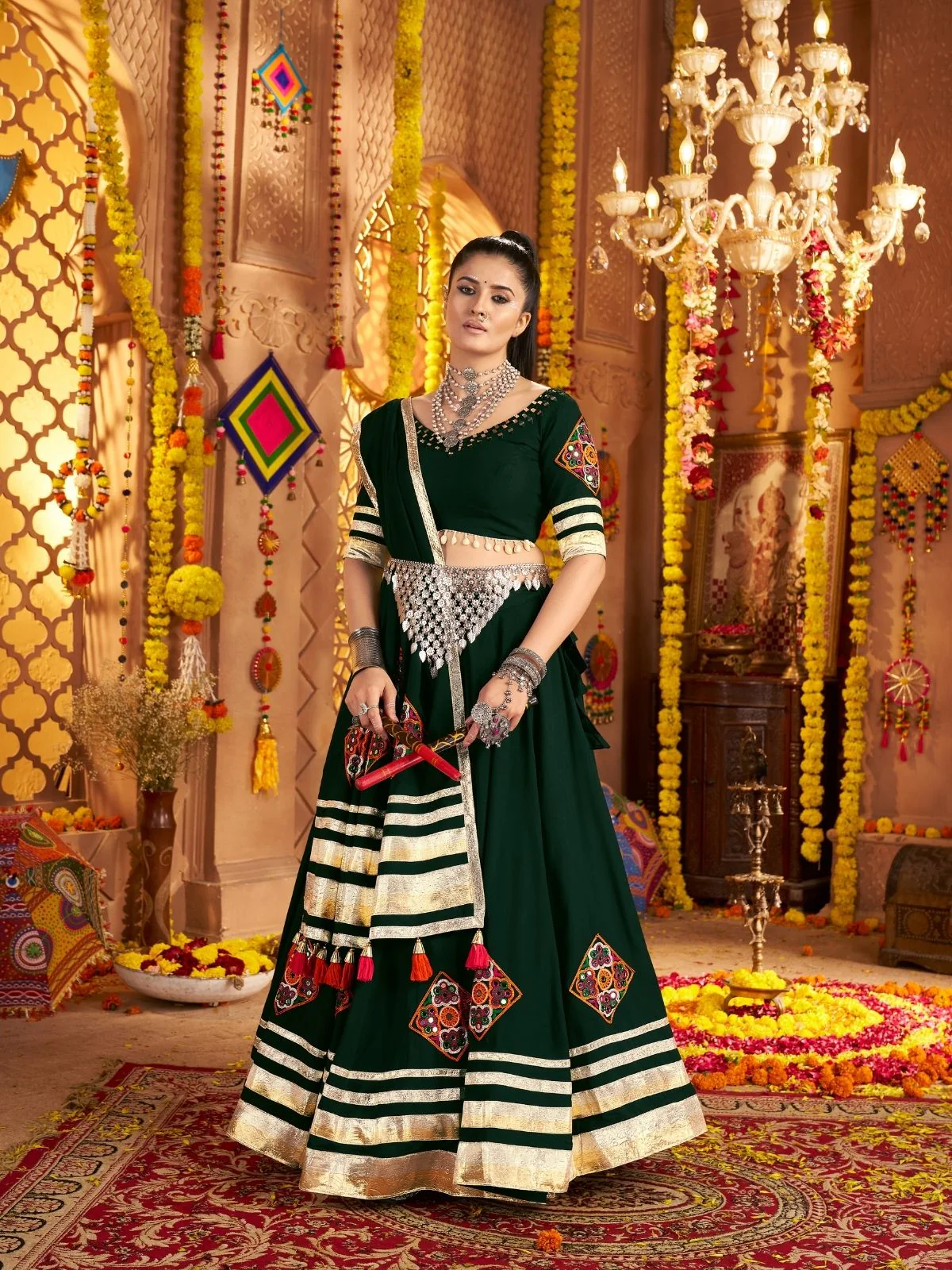 Odette Dark Green Viscose Rayon Rabari Work Semi-Stitched lehenga With Stunning Tassels For Women