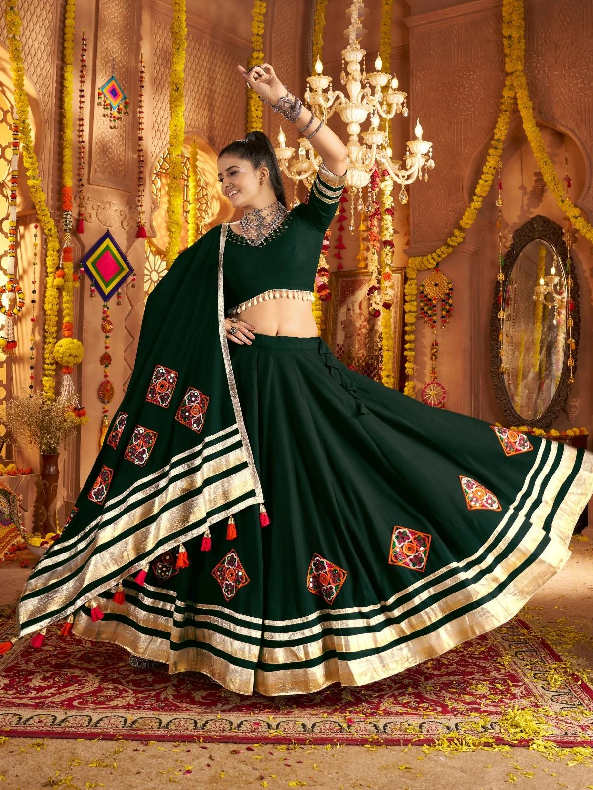 Odette Dark Green Viscose Rayon Rabari Work Semi-Stitched lehenga With Stunning Tassels For Women - Image 2