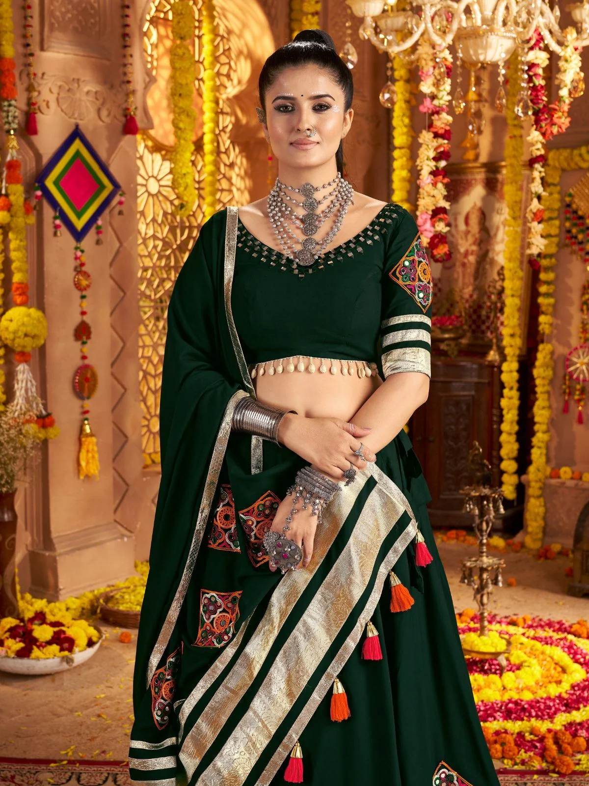 Odette Dark Green Viscose Rayon Rabari Work Semi-Stitched lehenga With Stunning Tassels For Women - Image 3